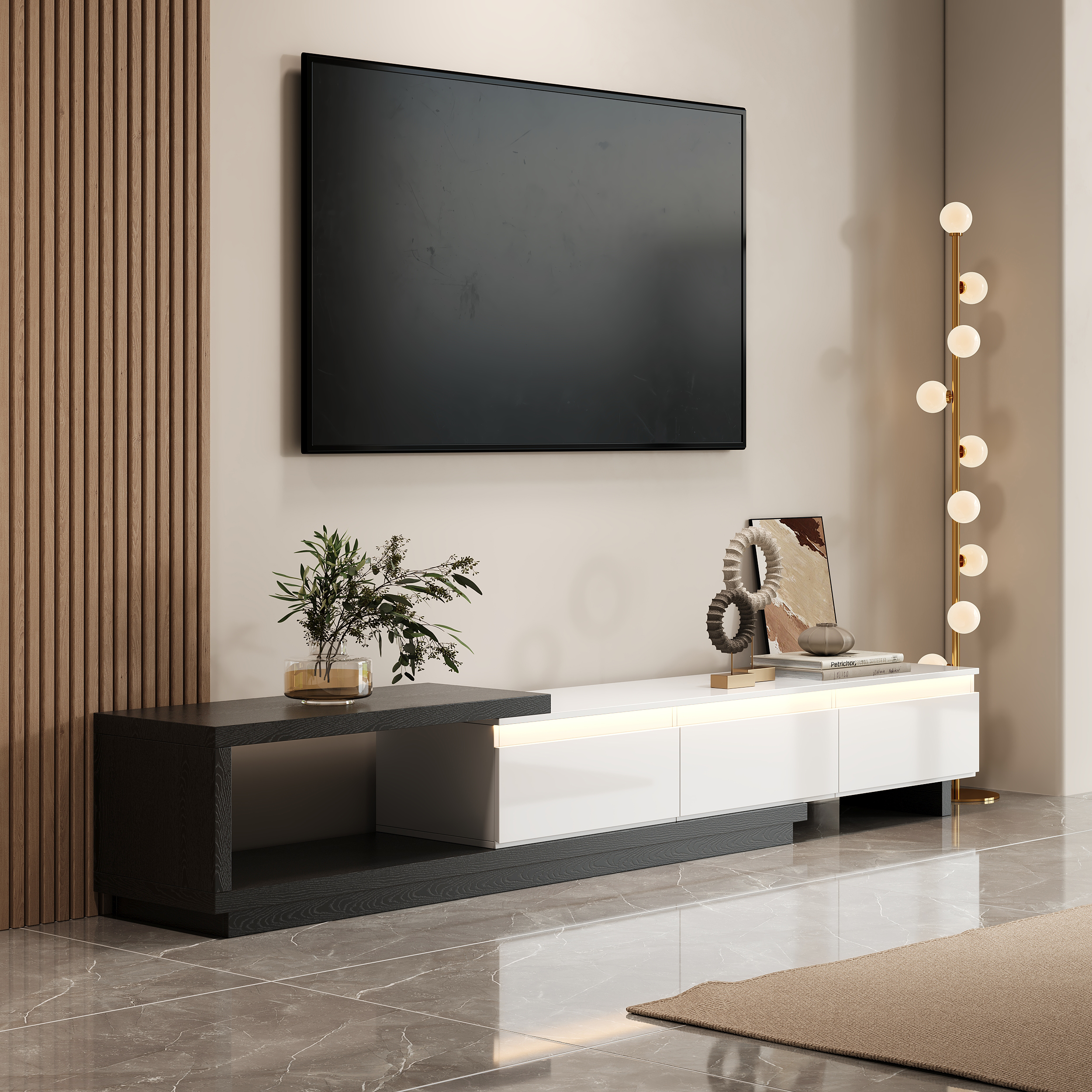 Quoint 100.4" Modern TV Stand Retracted & Extendable 3-Drawer Light Media Console