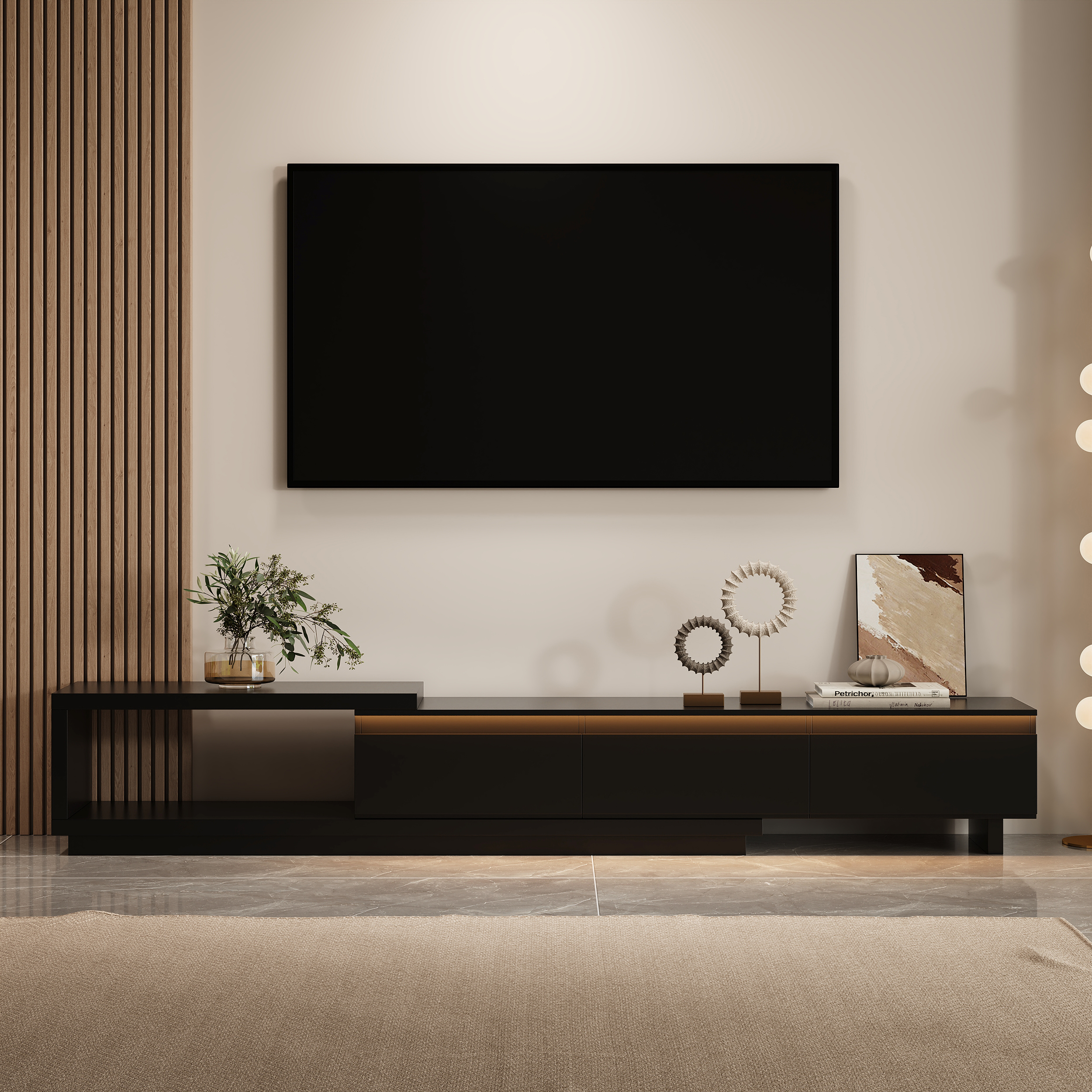 Quoint 100.4" Modern TV Stand Retracted & Extendable 3-Drawer Light Media Console Black
