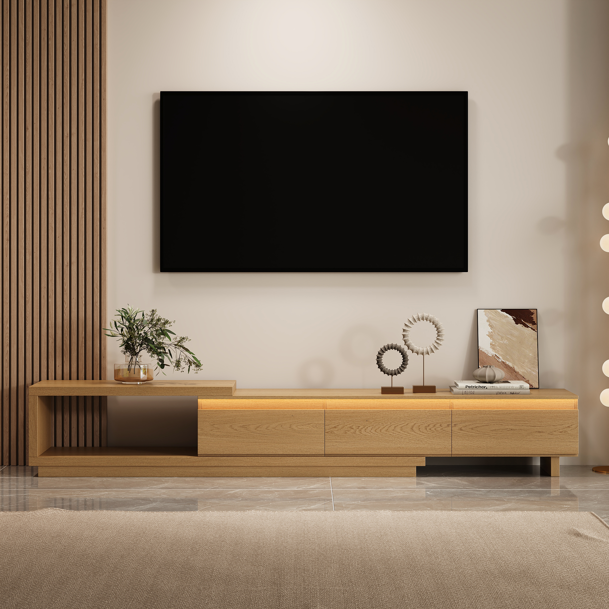Quoint 100.4" Modern TV Stand Retracted & Extendable 3-Drawer Light Media Console Natural
