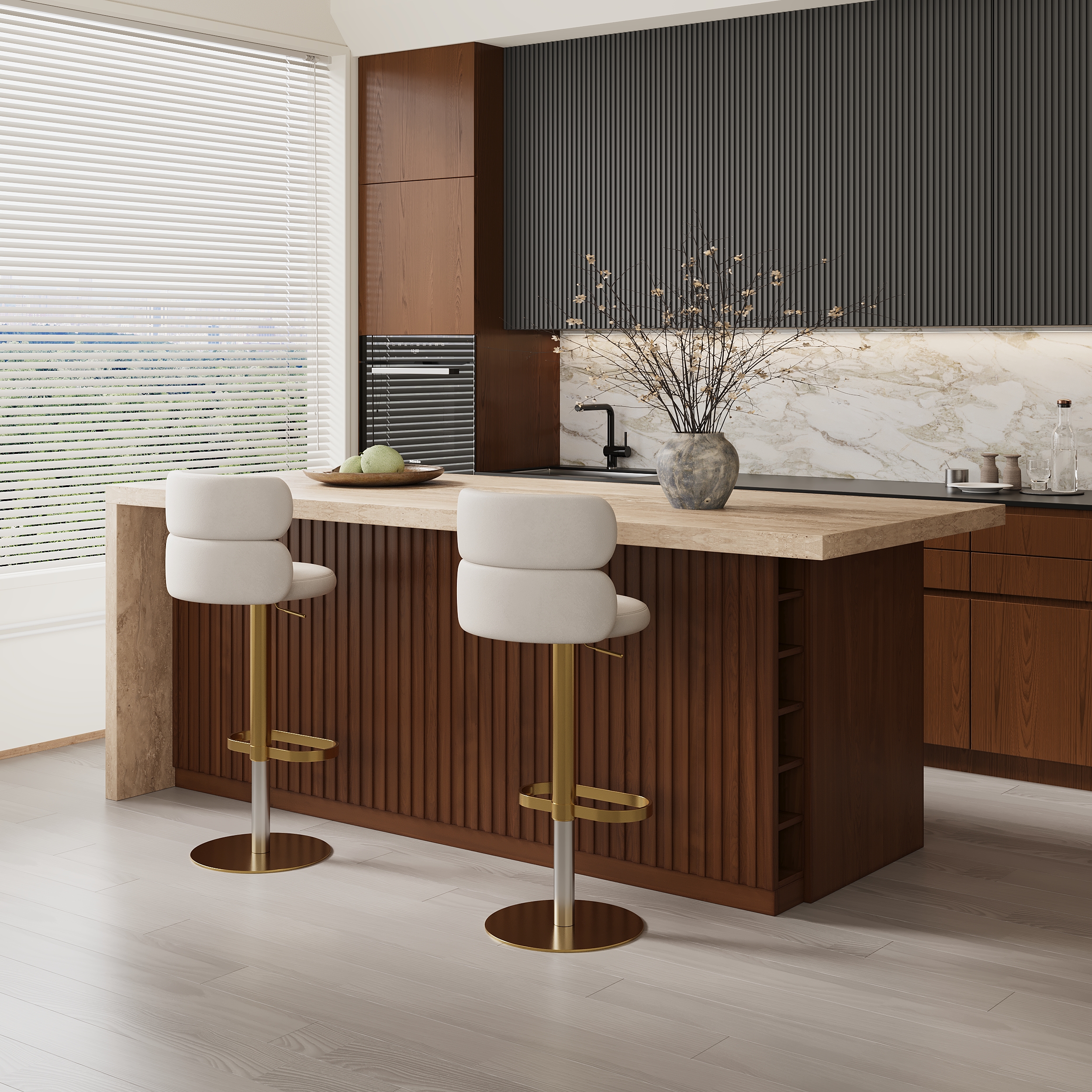72" Modern Kitchen Island Walnut Laminate & 2 Counter Stools Set Storage Cabinet