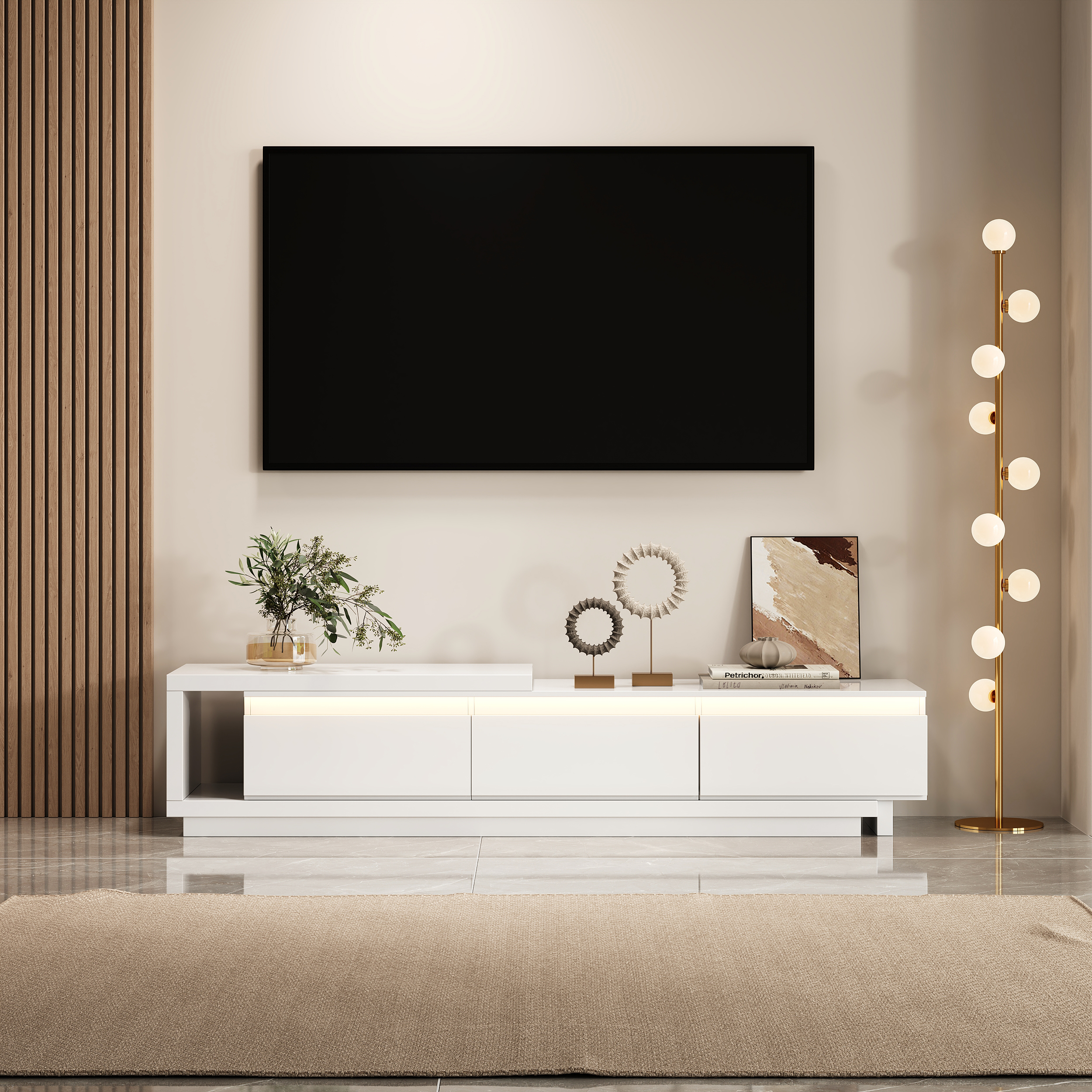 Quoint 100.4" Modern TV Stand Retracted & Extendable 3-Drawer Light Media Console White