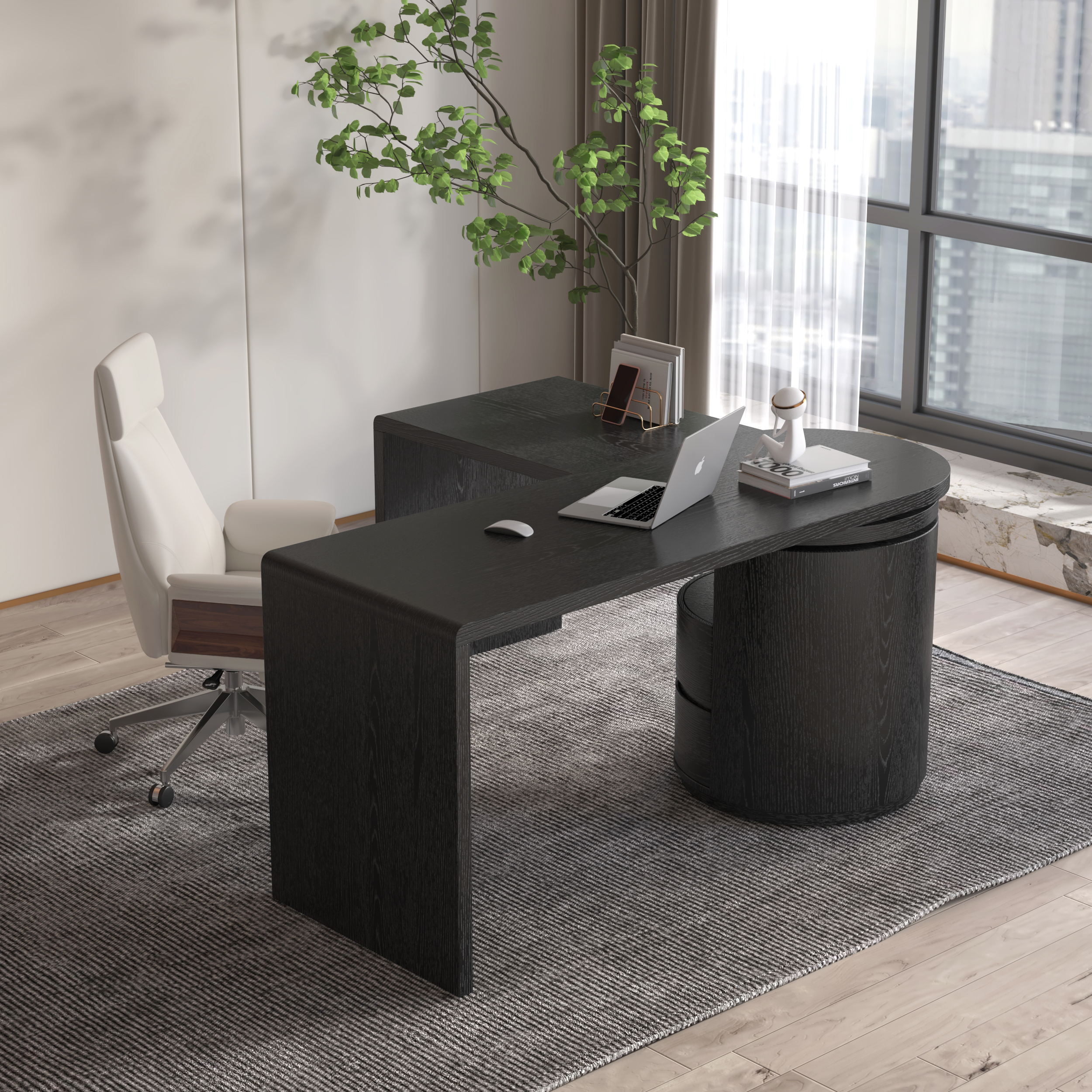 Modern L Shaped Rotating Black Executive Office Desk with Drawers Black Office Furniture