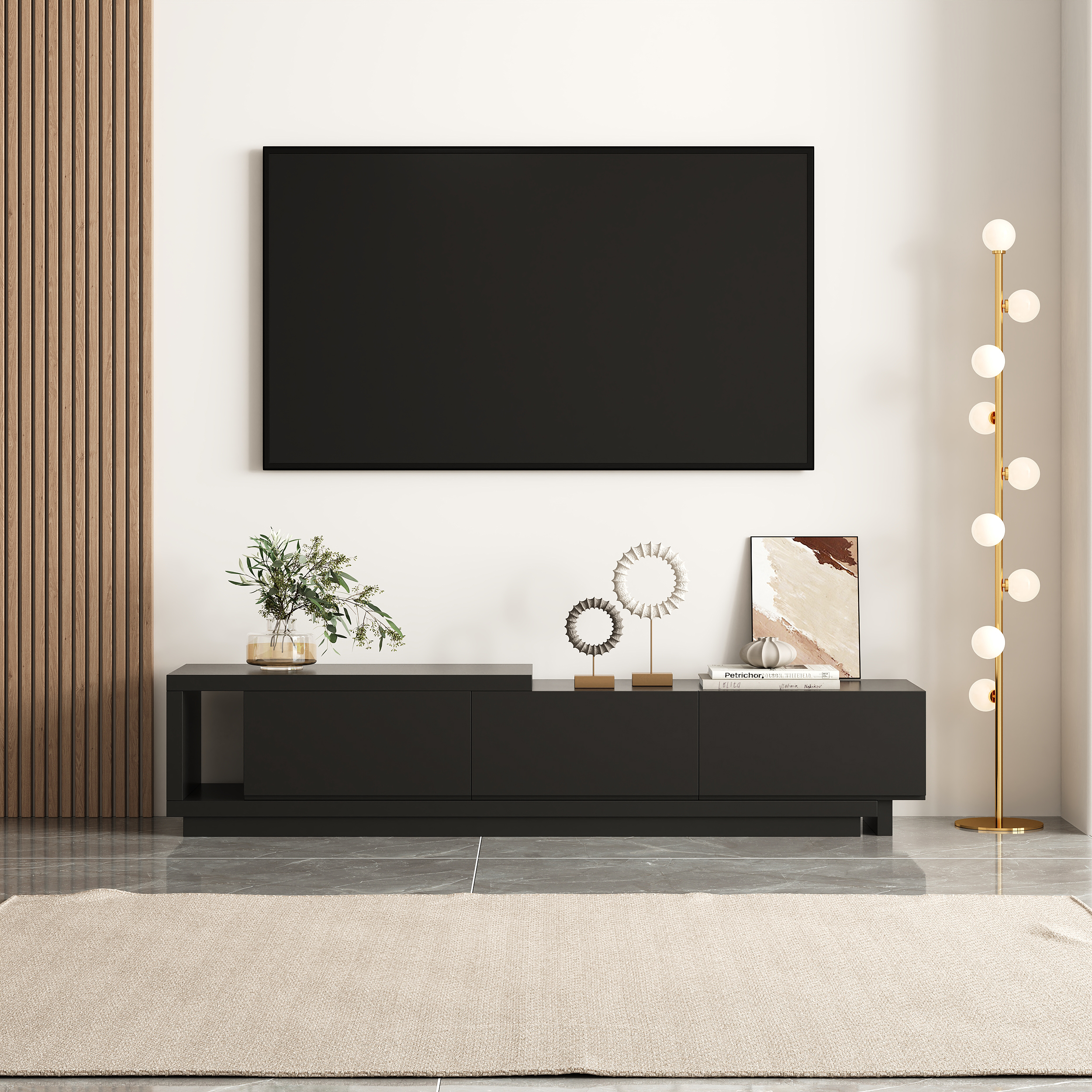 Quoint 100.4" Modern TV Stand Retracted & Extendable 3-Drawer Media Console Black