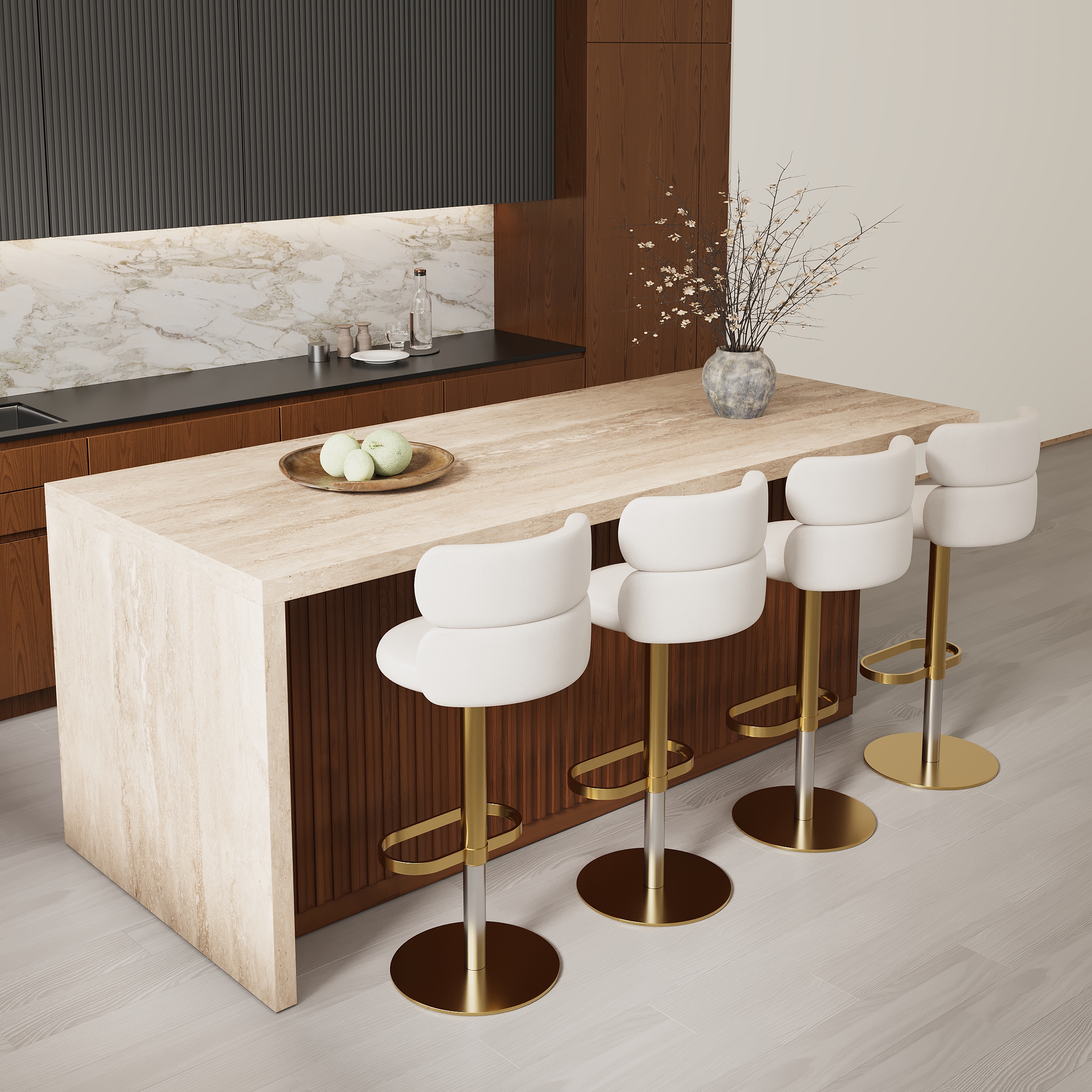 1830 mm wit kookeiland met opbergruimte en aanrecht in marmerfineer