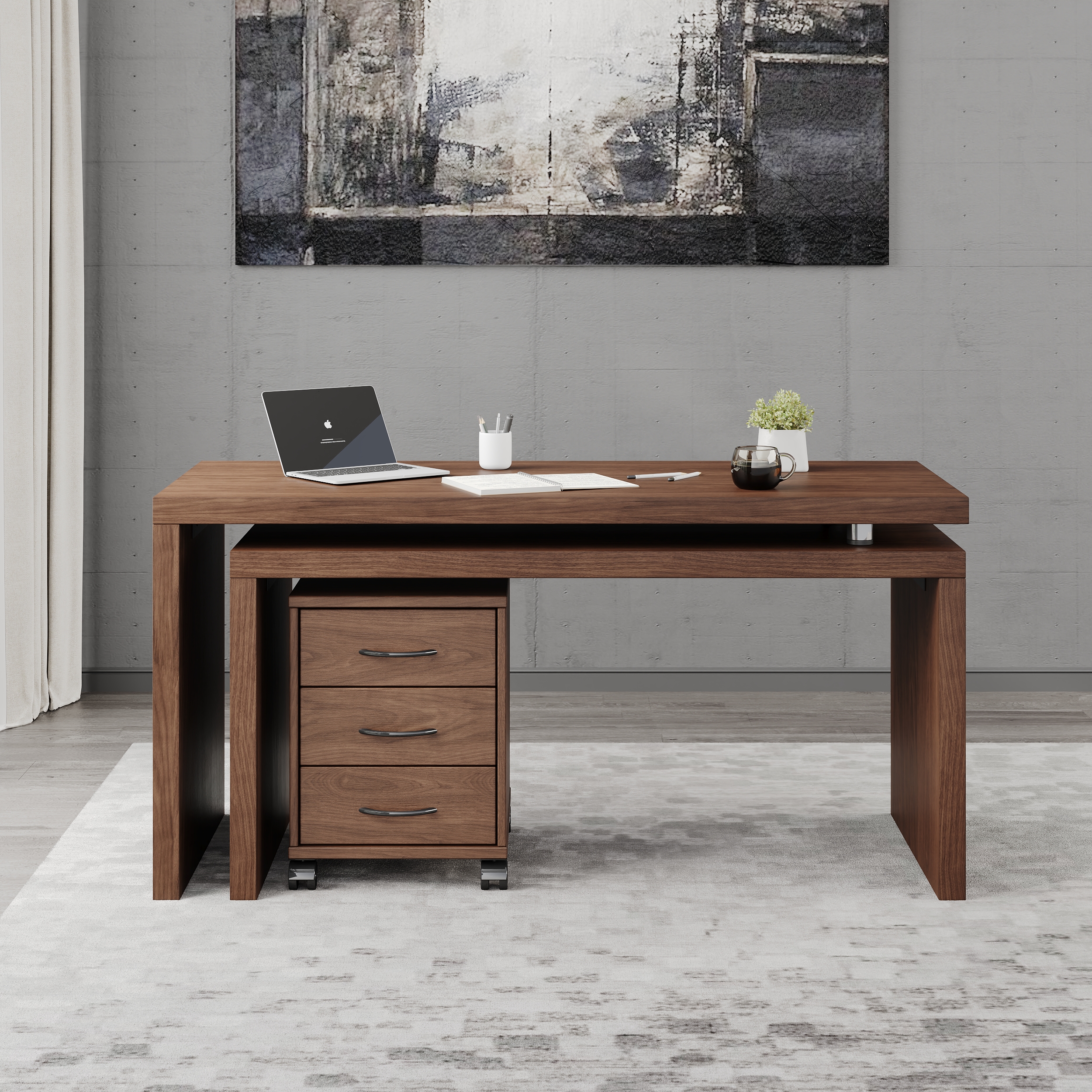 Modern L Shaped Executive Office Desk with with Movable File Cabinet Walnut Swivel Desk Office