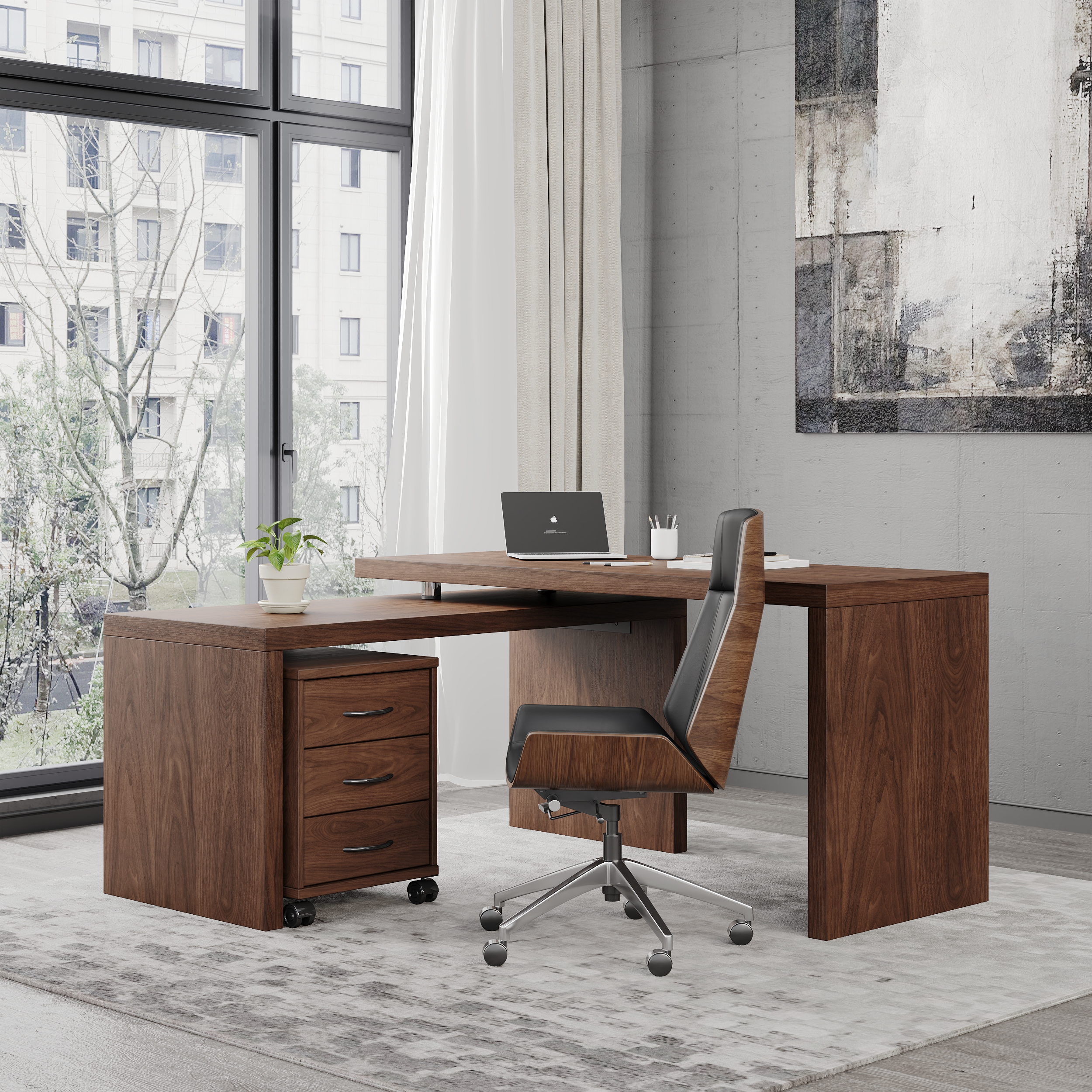 Modern L Shaped Executive Office Desk with with Movable File Cabinet Walnut Swivel Desk Office Furniture (59.8" )