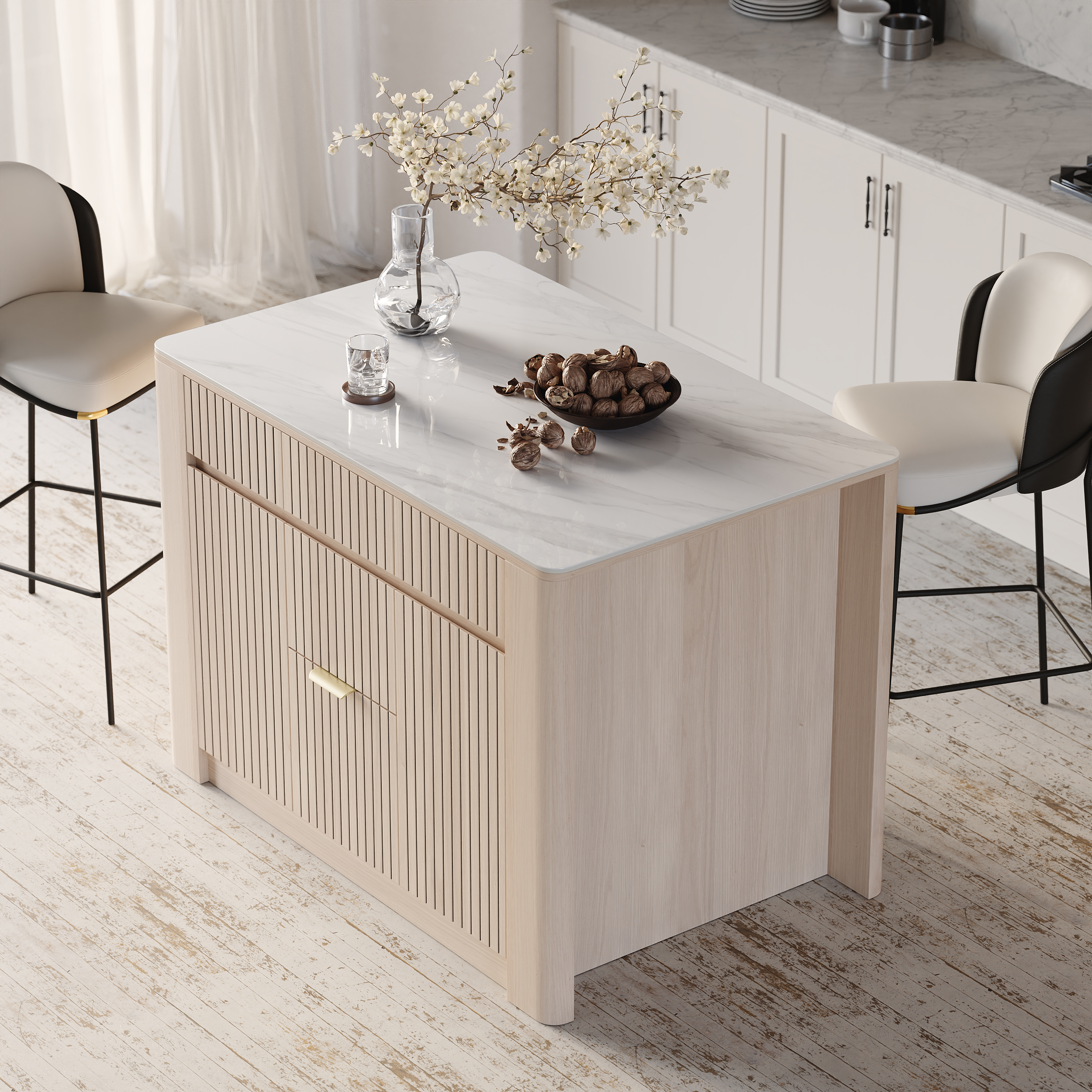 51" Kitchen Island Sintered Stone Top with Storage Natural Modern