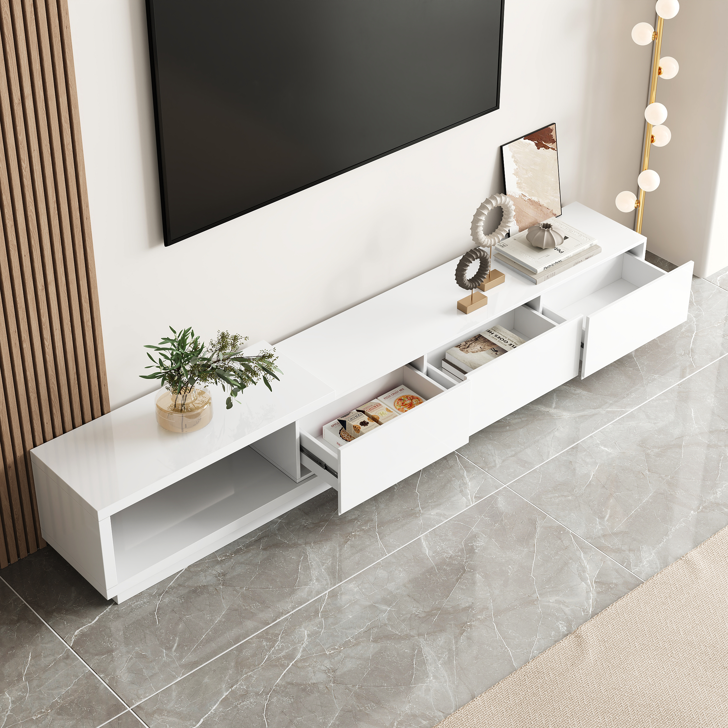 Quoint 100.4" Modern TV Stand Retracted & Extendable 3-Drawer Media Console White