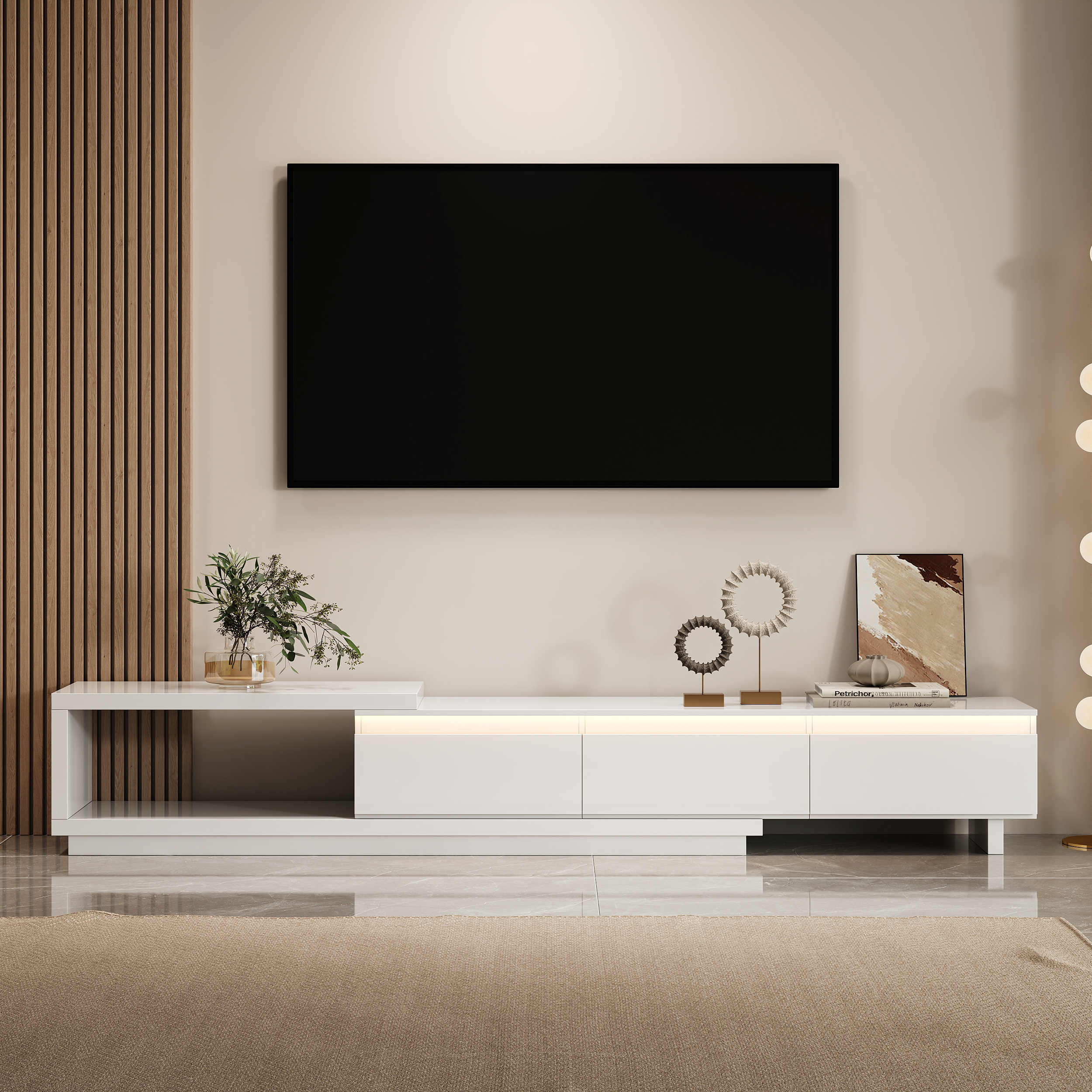Quoint 100.4" Modern TV Stand Retracted & Extendable 3-Drawer Light Media Console White