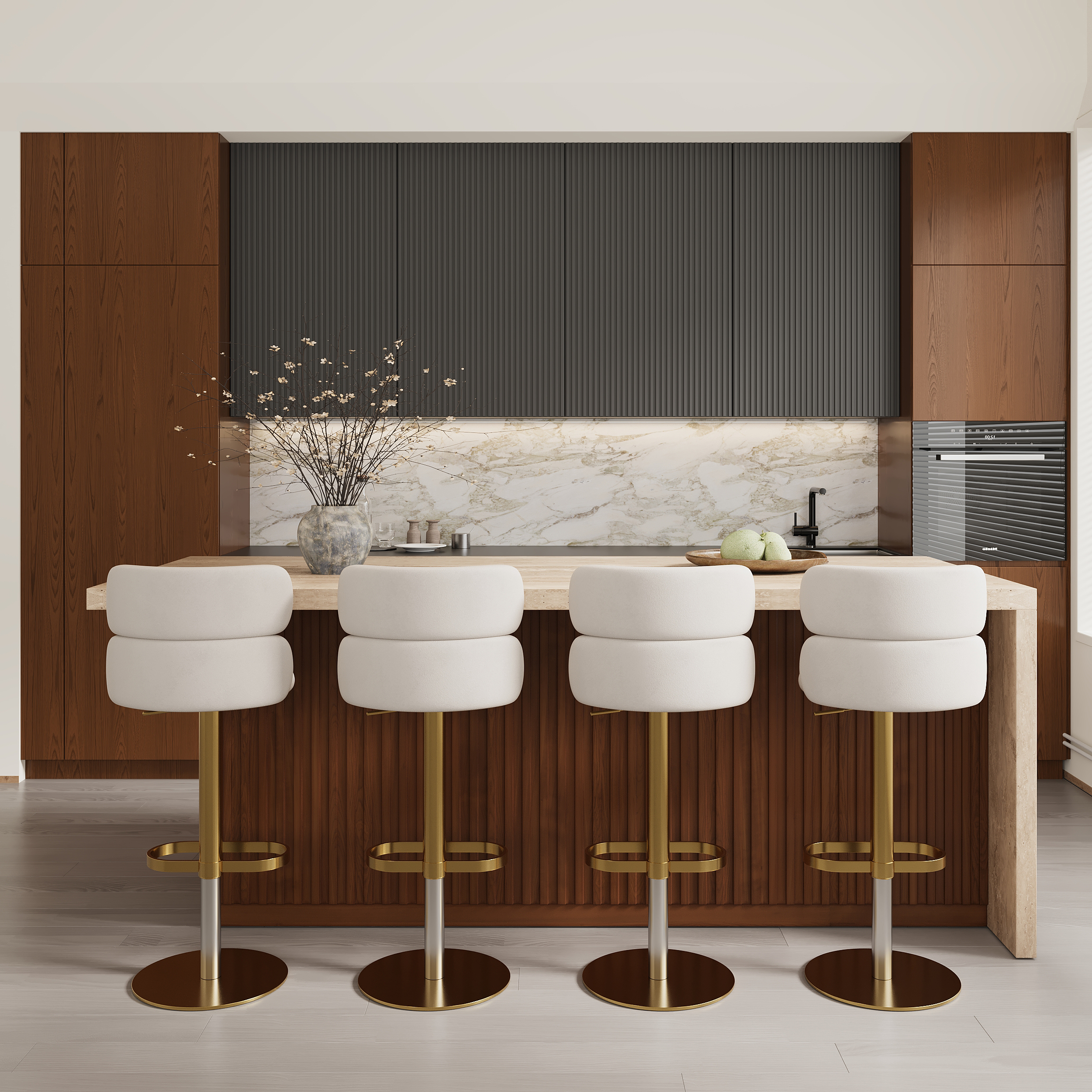 72" Large Kitchen Island Marble Veneered Top with Storage Walnut Modern Kitchen Cabinet