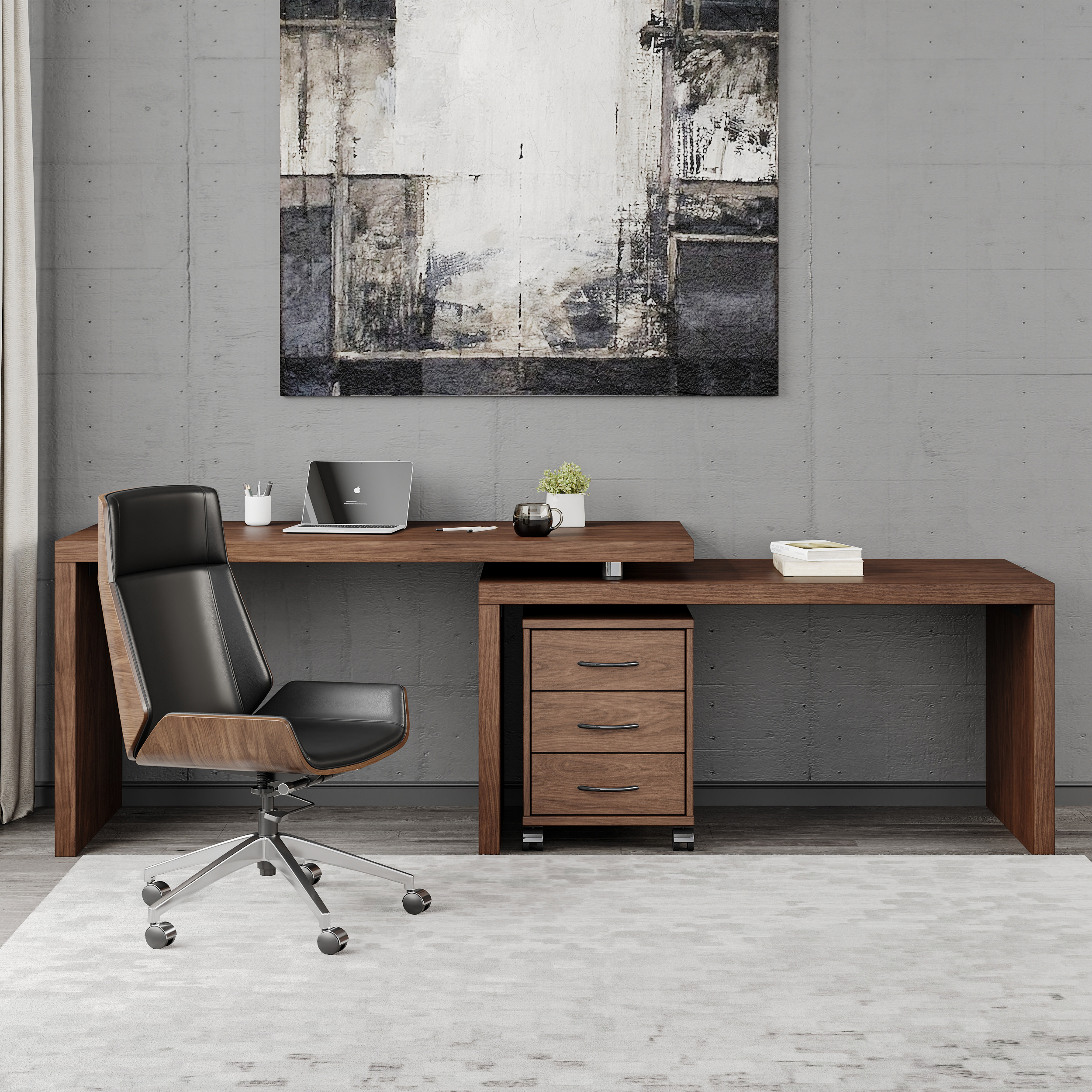 Modern L Shaped Executive Office Desk with with Movable File Cabinet Walnut Swivel Desk Office