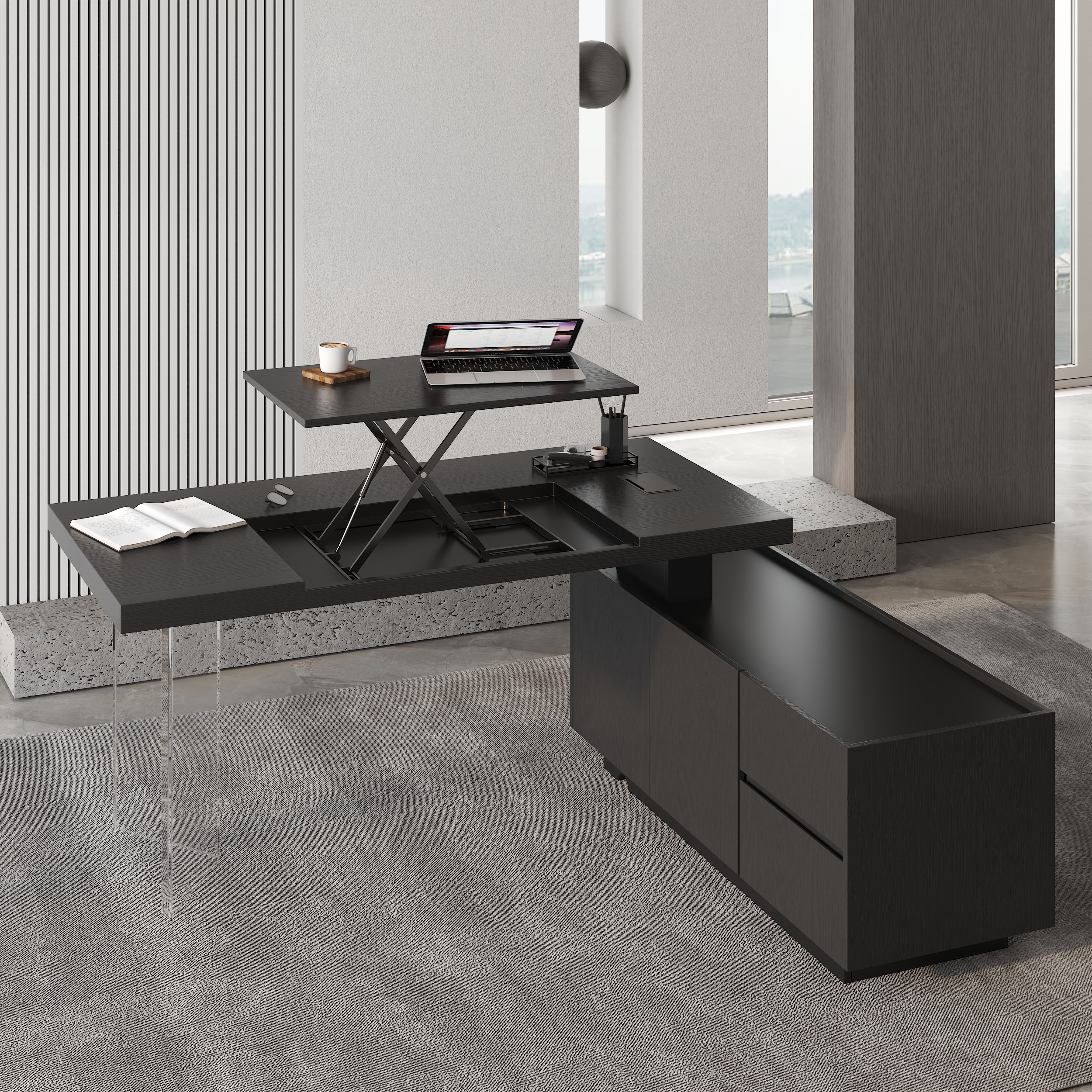 L Shaped Executive Office Desk Standing Desktop with Side Cabinet and lifter Desktop Right Hand(71.5")
