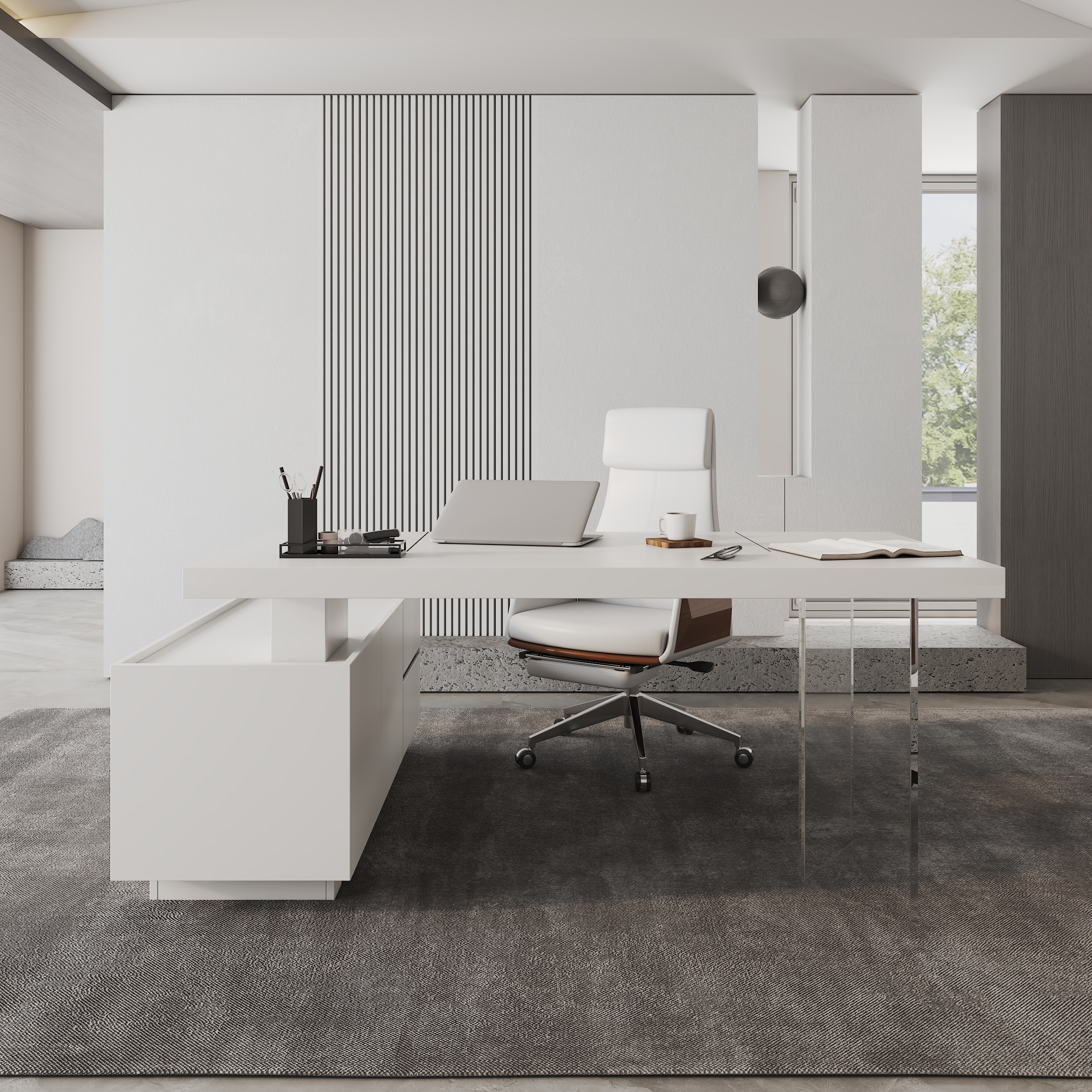 L Shaped Executive Office Desk Standing Desktop with Side Cabinet and lifter Desktop Right