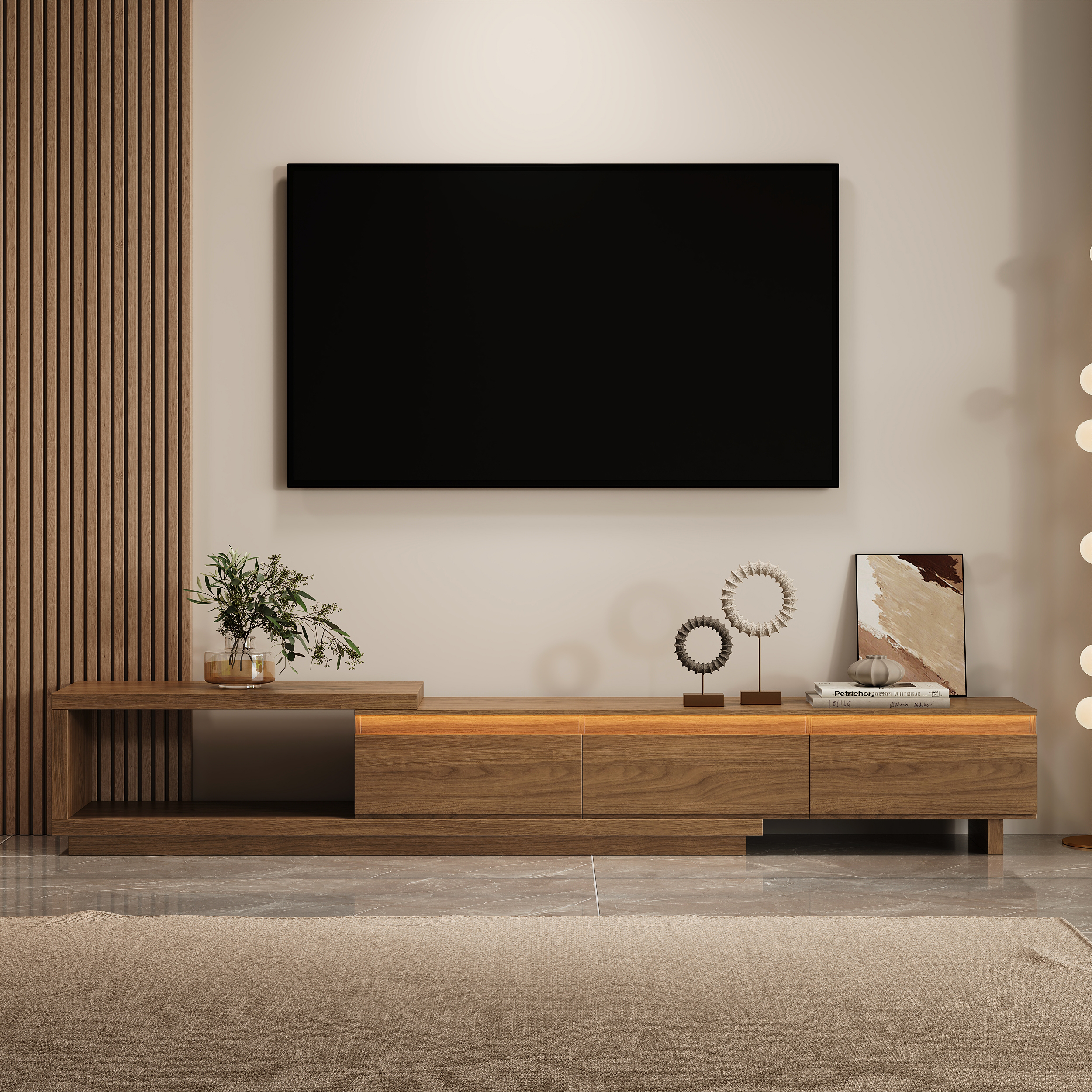 Quoint 100.4" Modern TV Stand Retracted & Extendable 3-Drawer Light Media Console Walnut
