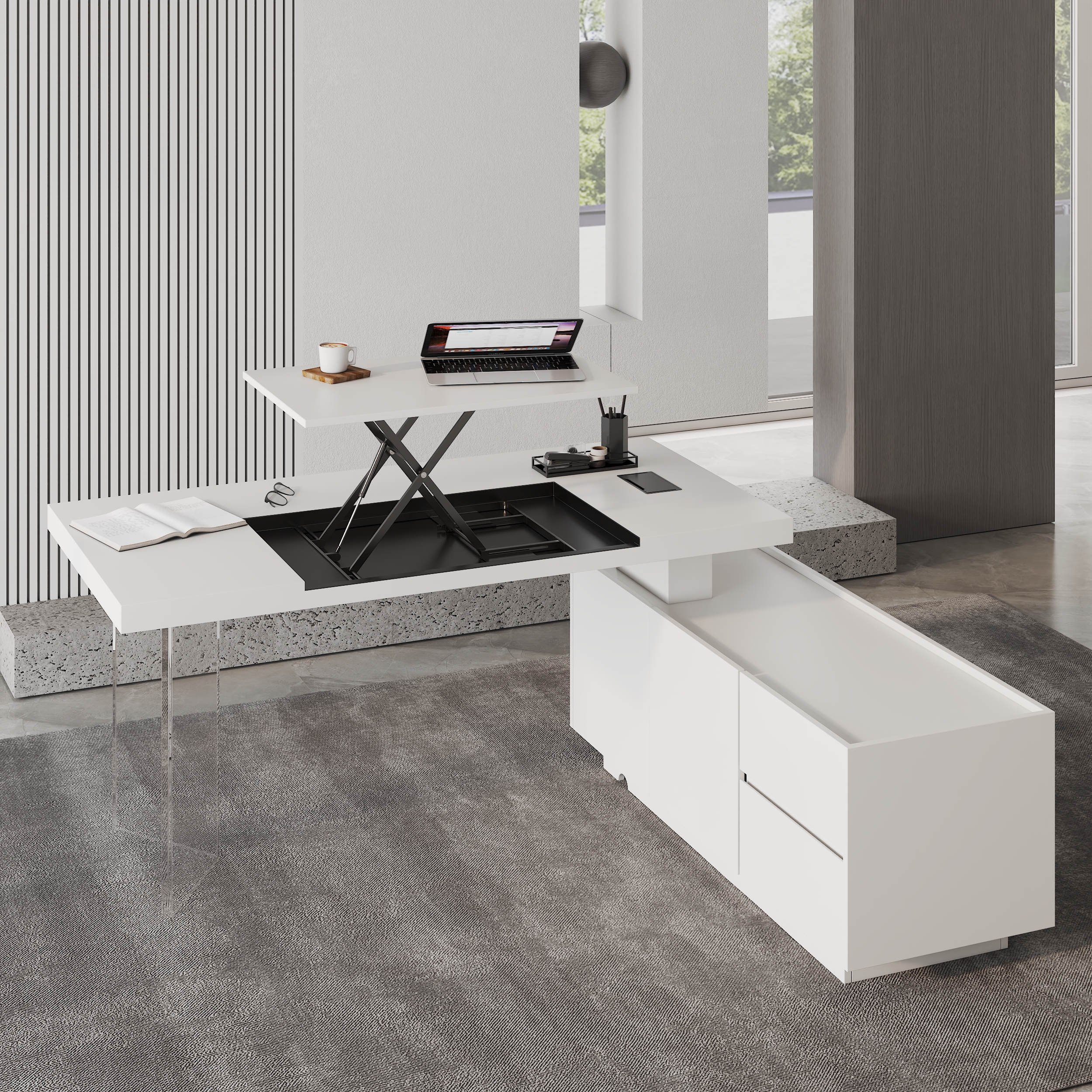 L Shaped Executive Office Desk Standing Desktop with Side Cabinet and lifter Desktop Right Hand(71.5")