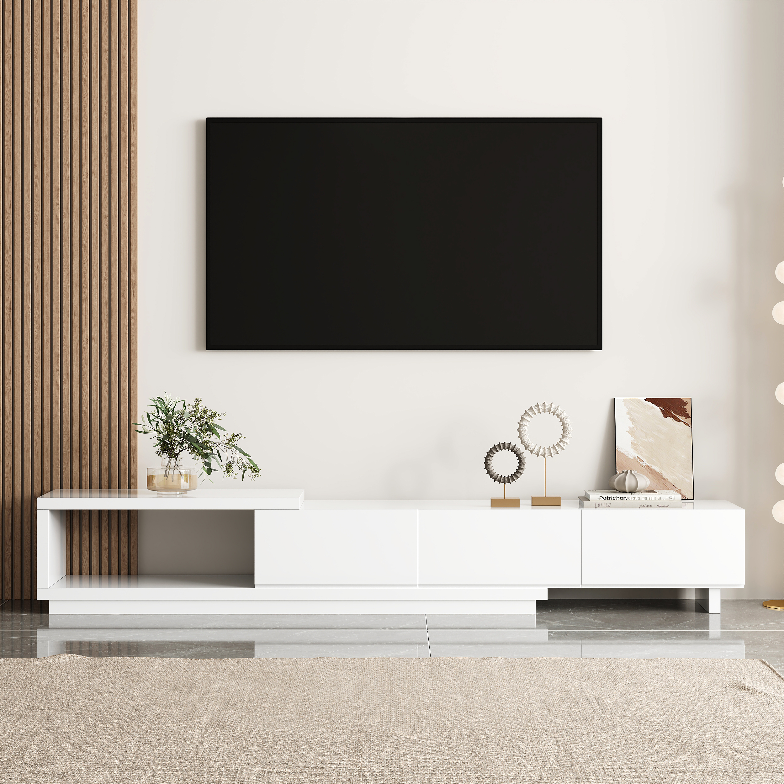 Quoint 100.4" Modern TV Stand Retracted & Extendable 3-Drawer Media Console White