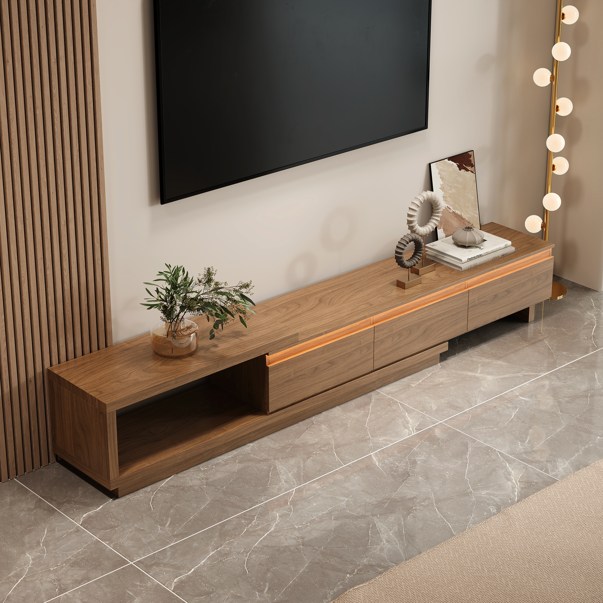 Quoint 100.4" Modern TV Stand Retracted & Extendable 3-Drawer Light Media Console Walnut