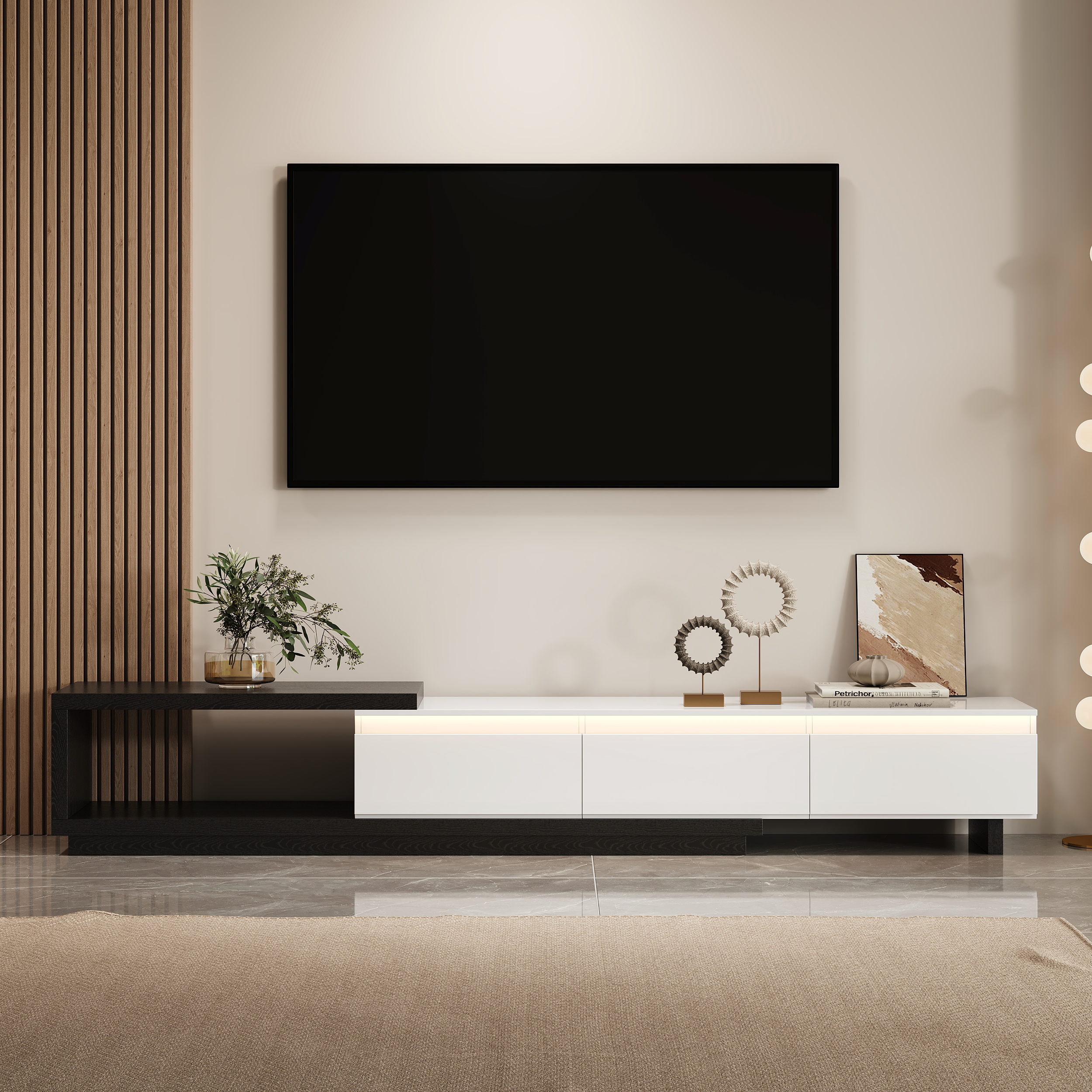 Quoint 100.4" Modern TV Stand Retracted & Extendable 3-Drawer Light Media Console