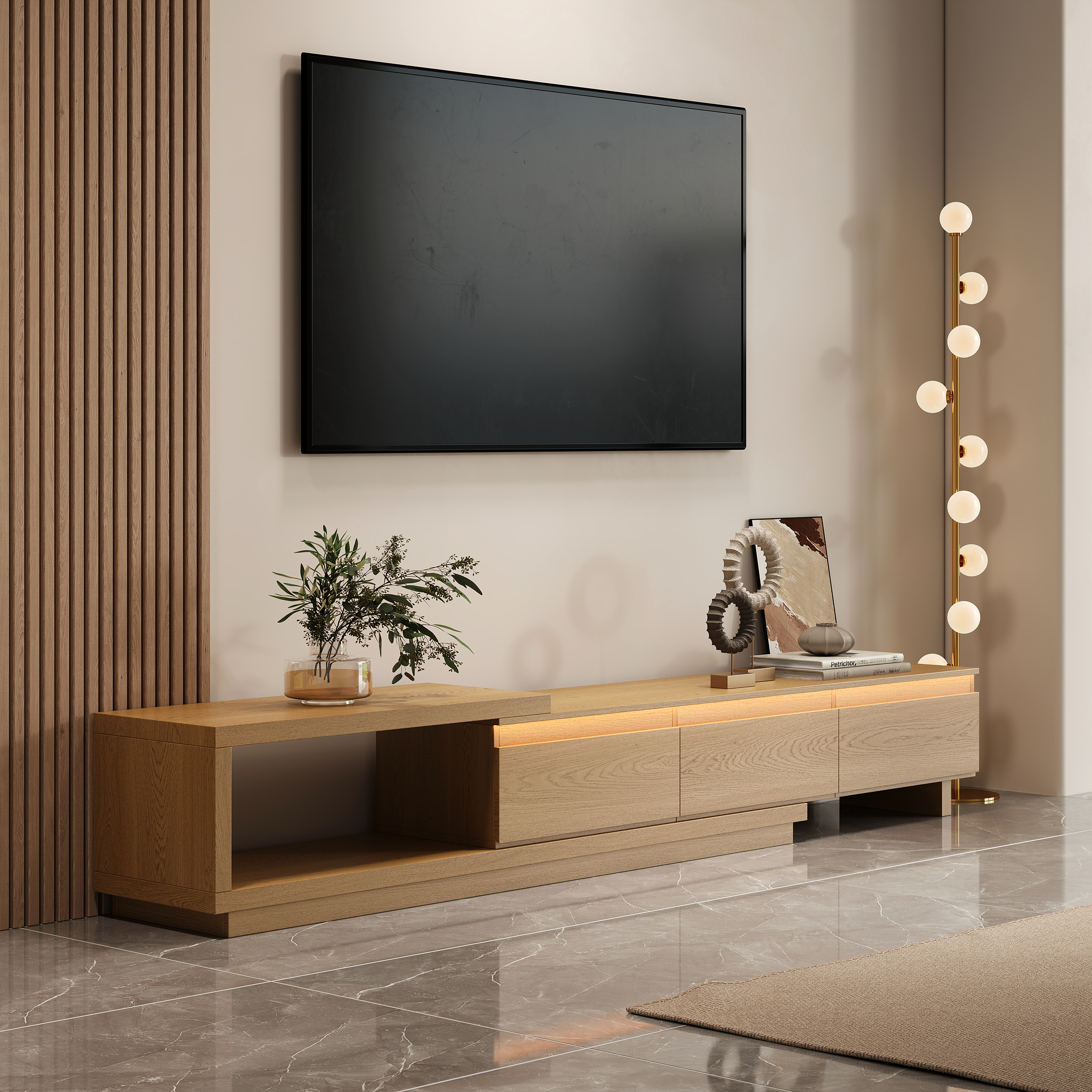 Quoint 100.4" Modern TV Stand Retracted & Extendable 3-Drawer Light Media Console Natural