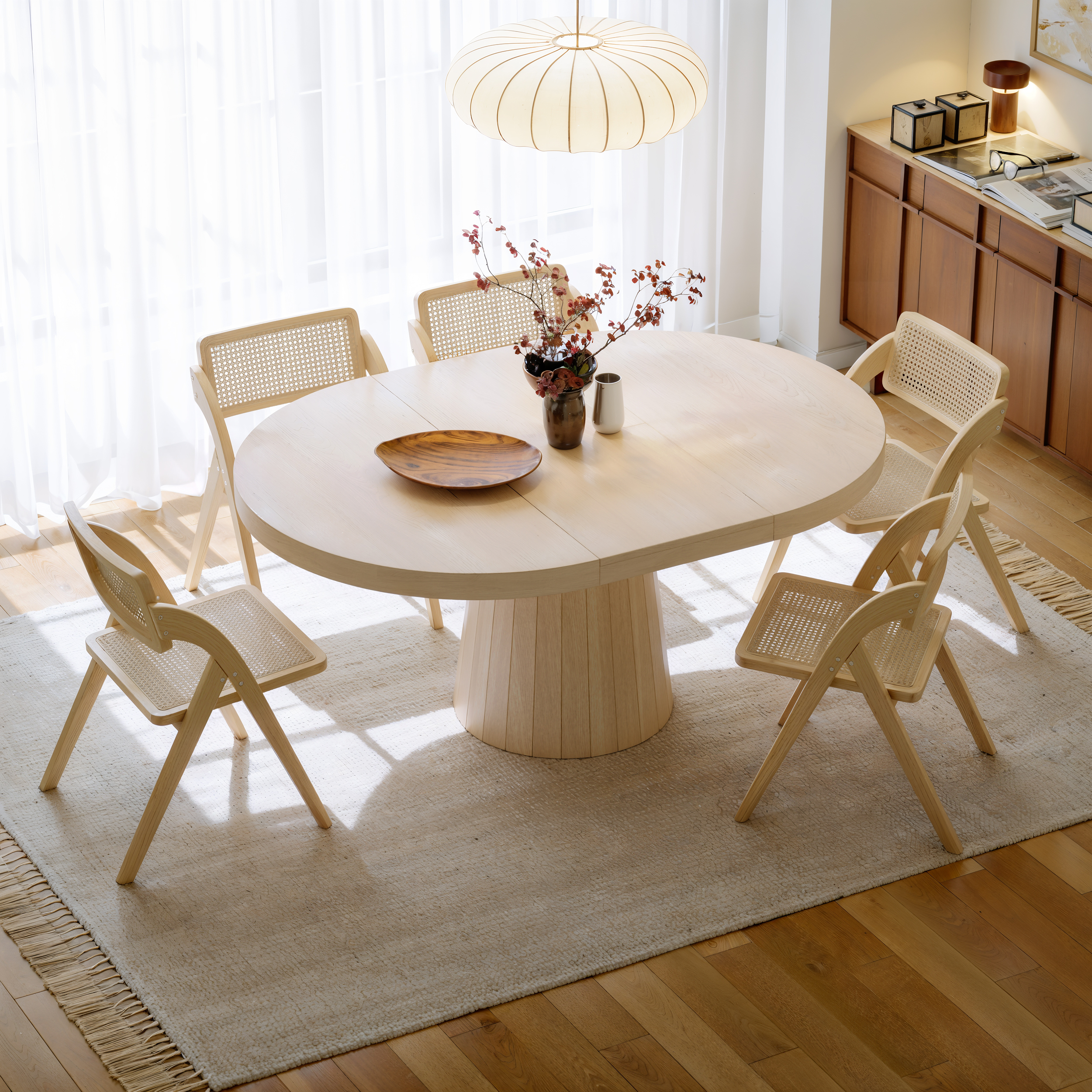 Mesa de comedor ovalada y redonda de 100 cm a 140 cm, extensible de madera maciza para 6 personas, mesa de cocina japonesa encalada