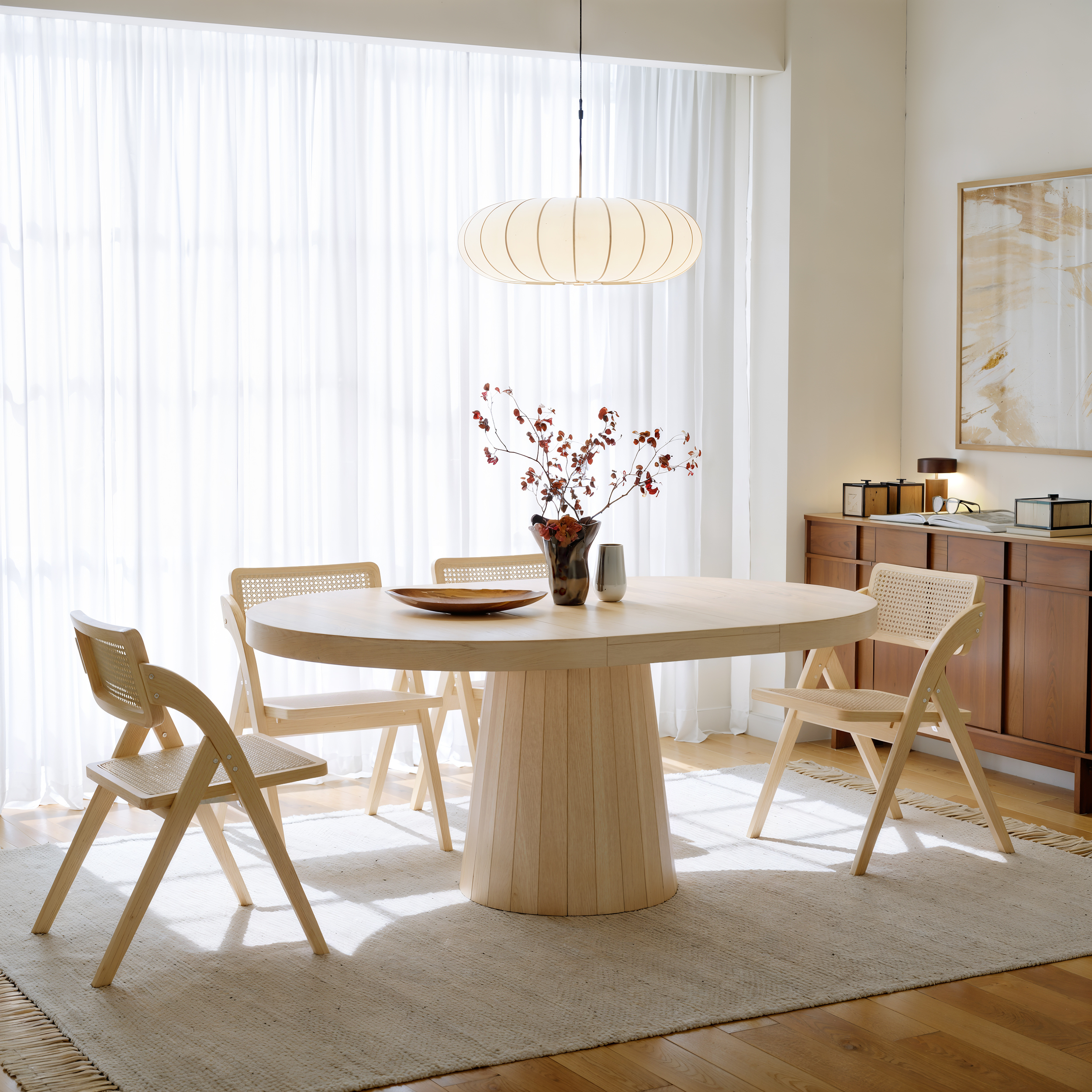 39"-55" Oval & Round Dining Table Extendable Solid Wood for 6 Japandi Whitewash Kitchen