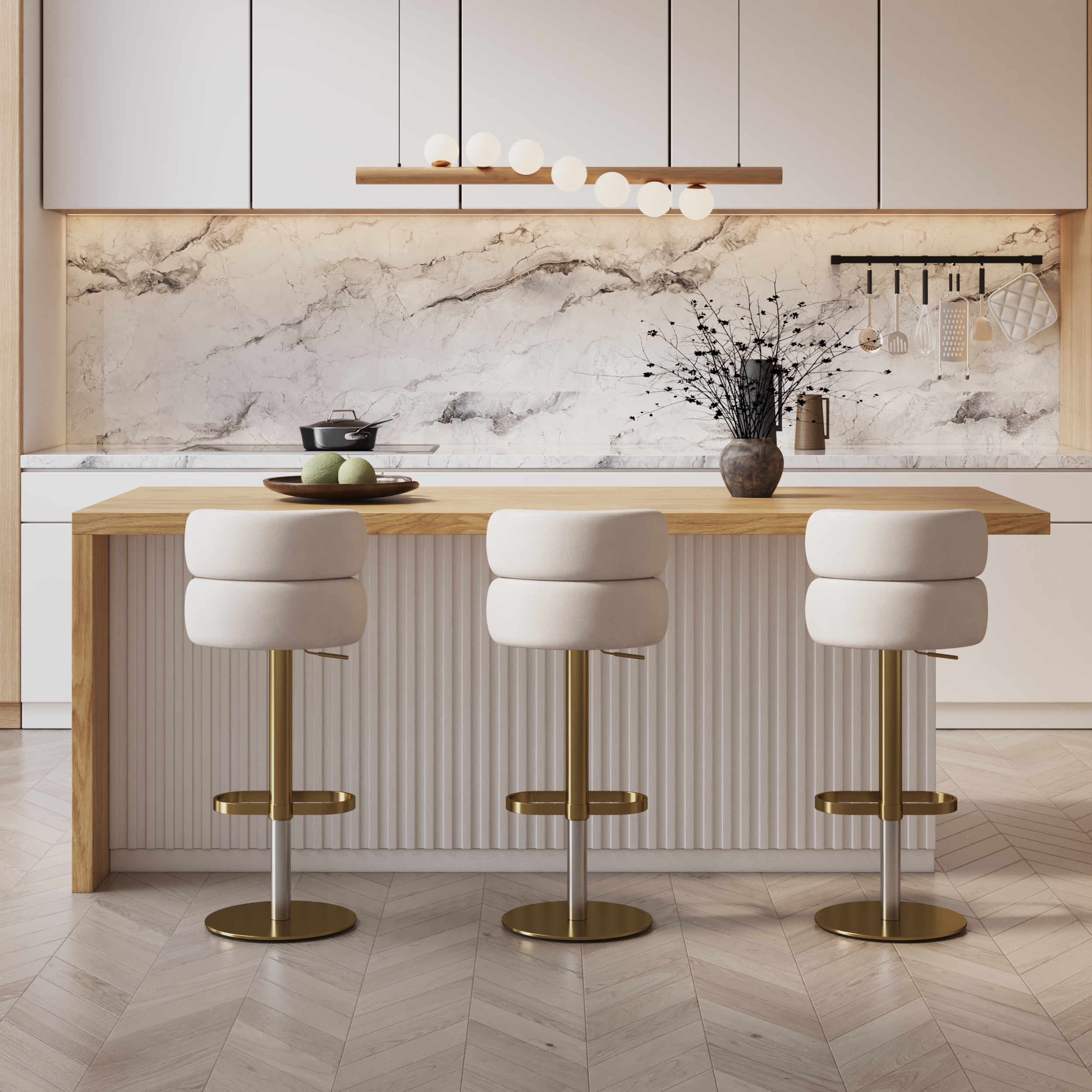 72" Large Kitchen Island Marble Veneered Top with Storage White & Natural Modern Kitchen