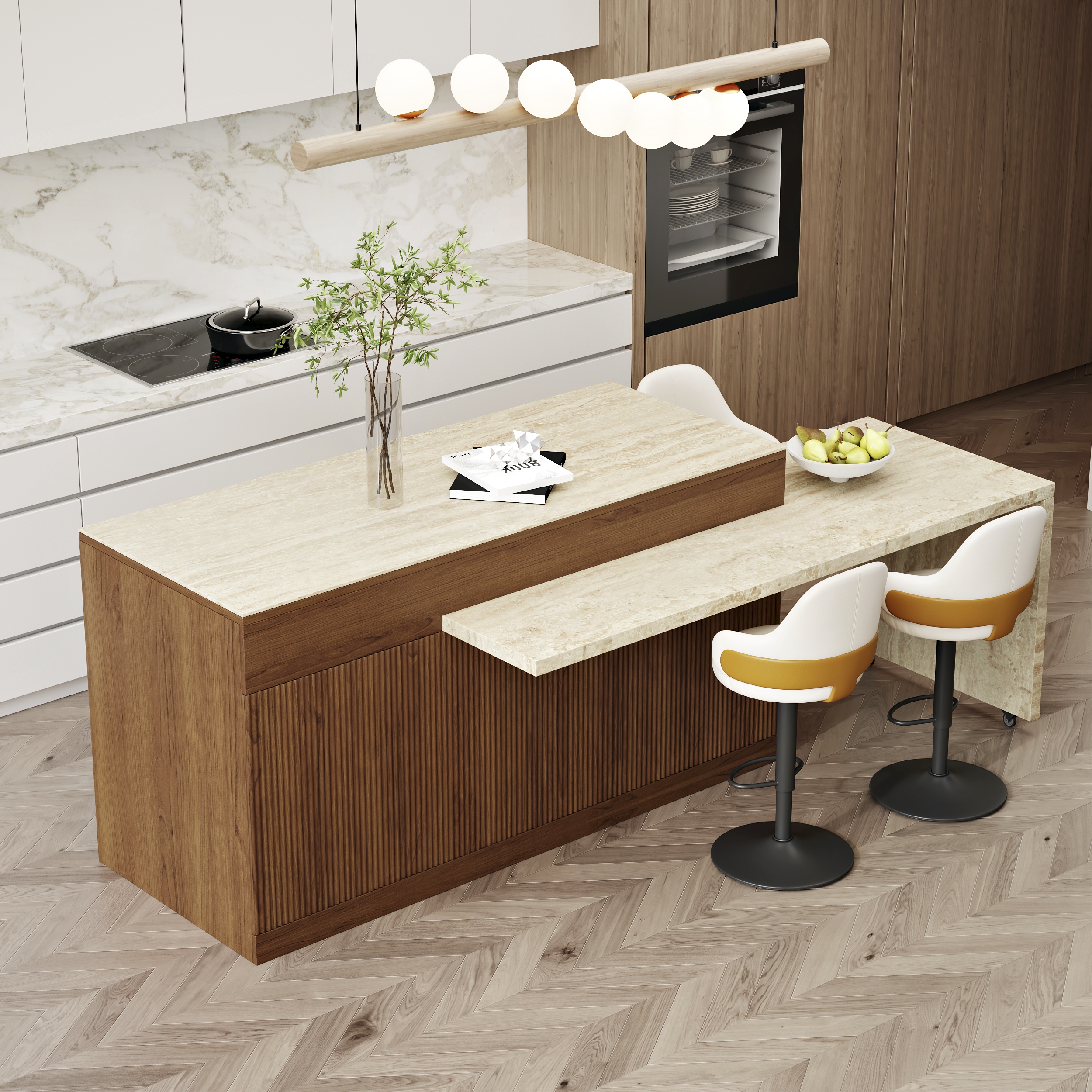 81''-106" Extendable Kitchen lsland Marble Pattern Top with Doors & Drawers Walnut Modern