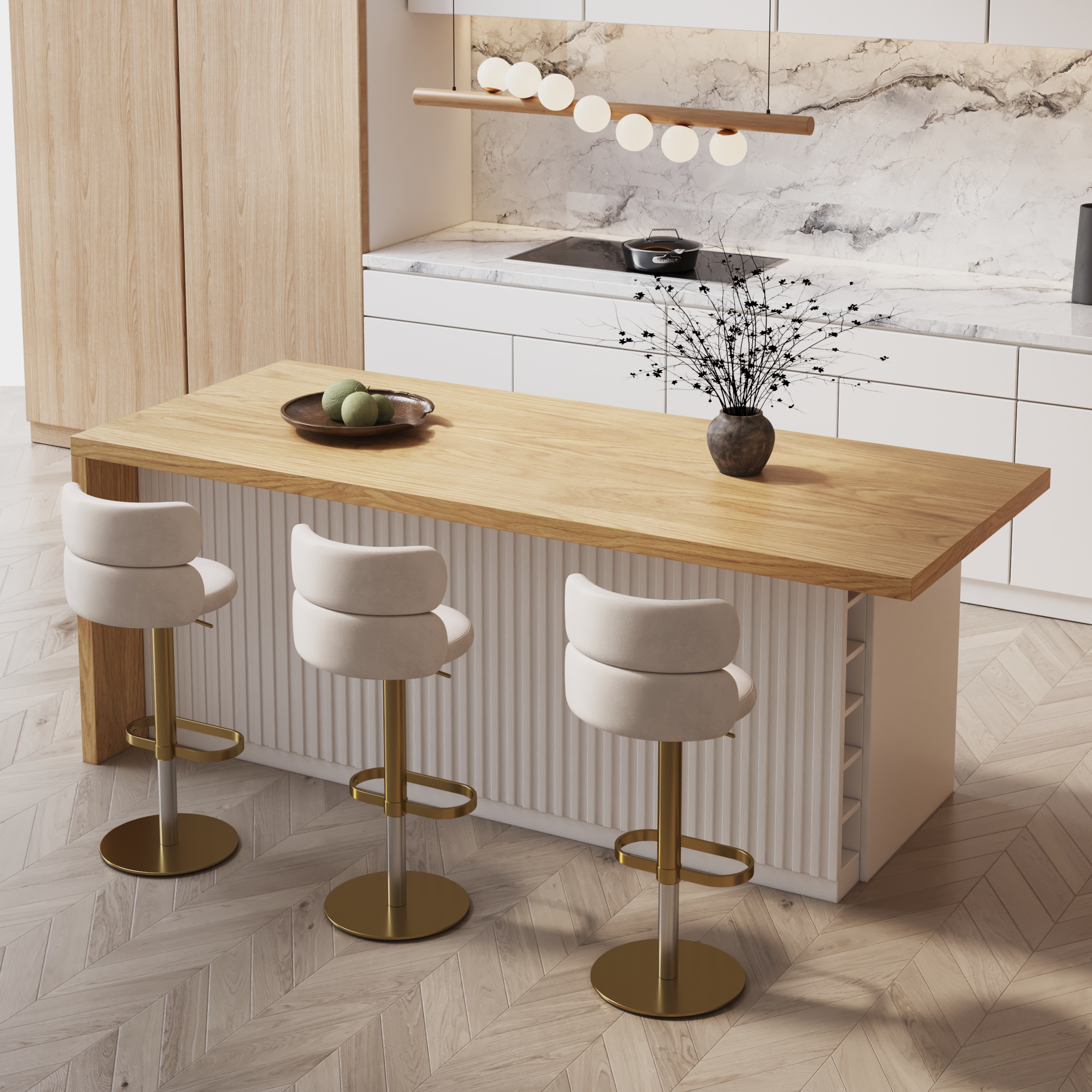 72" Large Kitchen Island Marble Veneered Top with Storage White & Natural Modern Kitchen