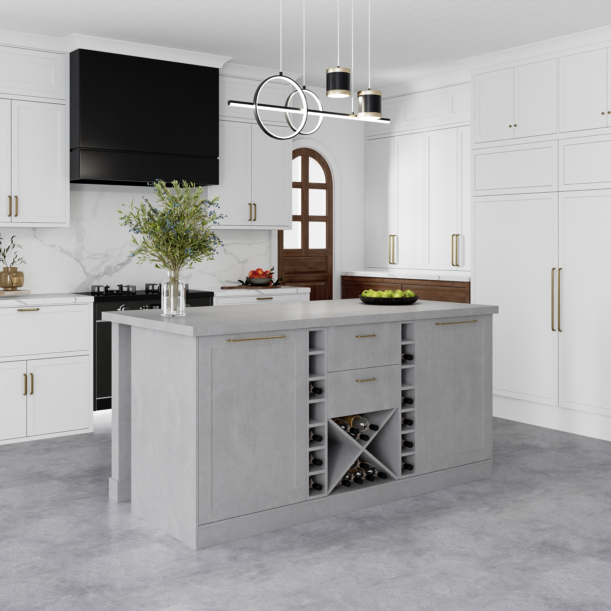 59" Marble Kitchen lsland Faux Marble with Wine Storage Gray Modern Large Kitchen Cabinet