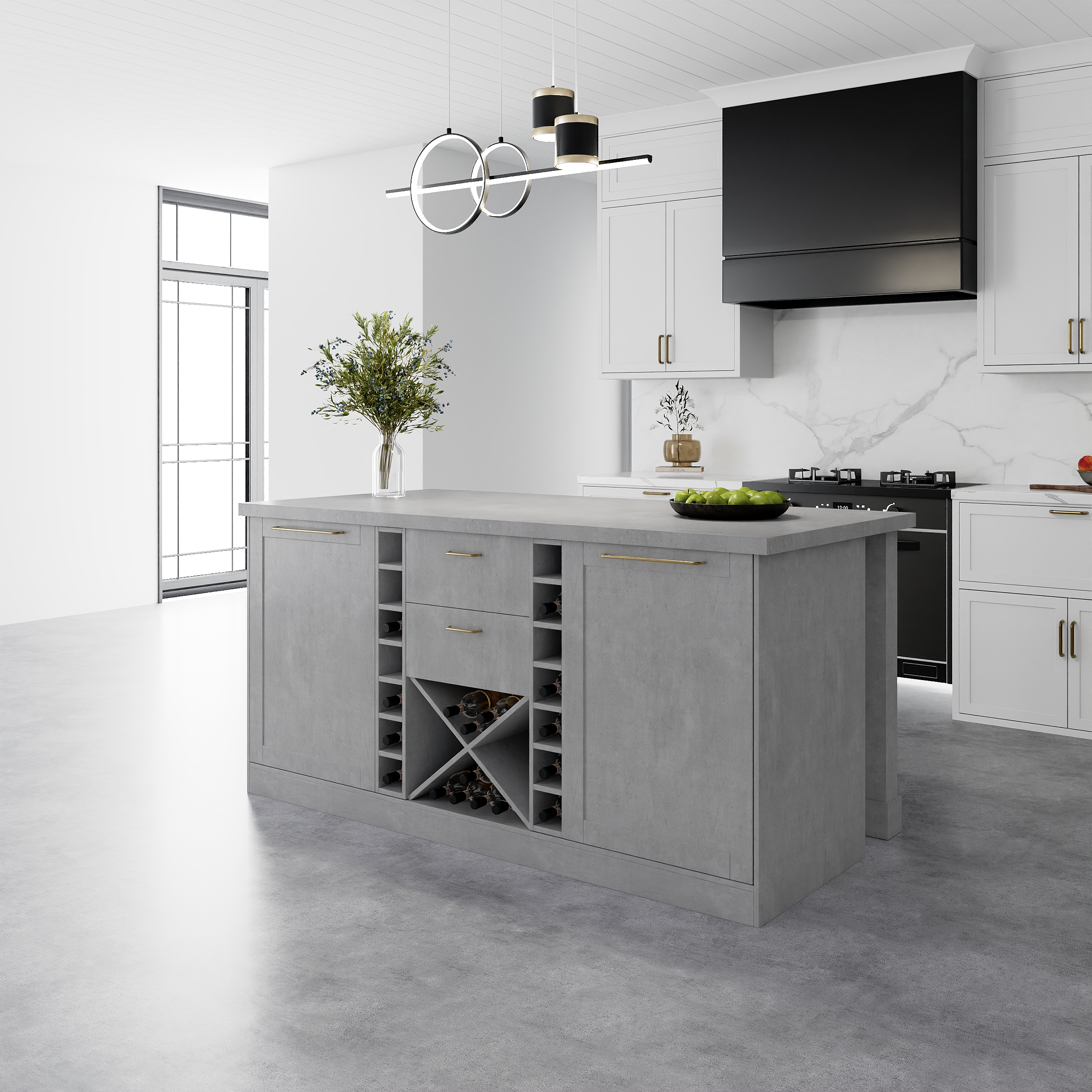 59" Marble Kitchen lsland Faux Marble with Wine Storage Gray Modern Large Kitchen Cabinet