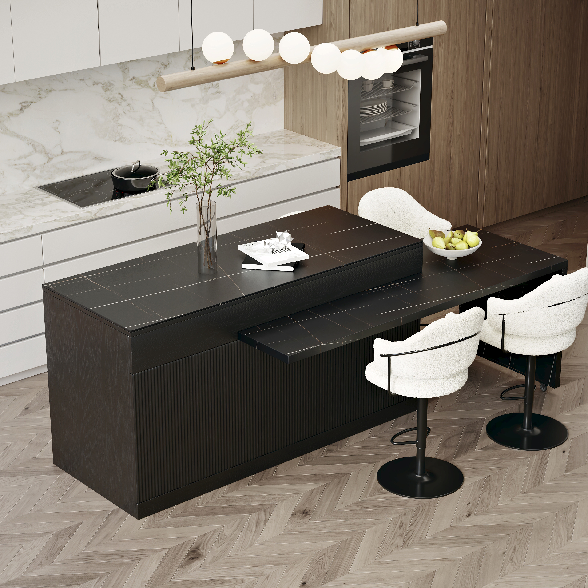 81''-106" Extendable Kitchen lsland Marble Pattern Top with Doors & Drawers Black Modern
