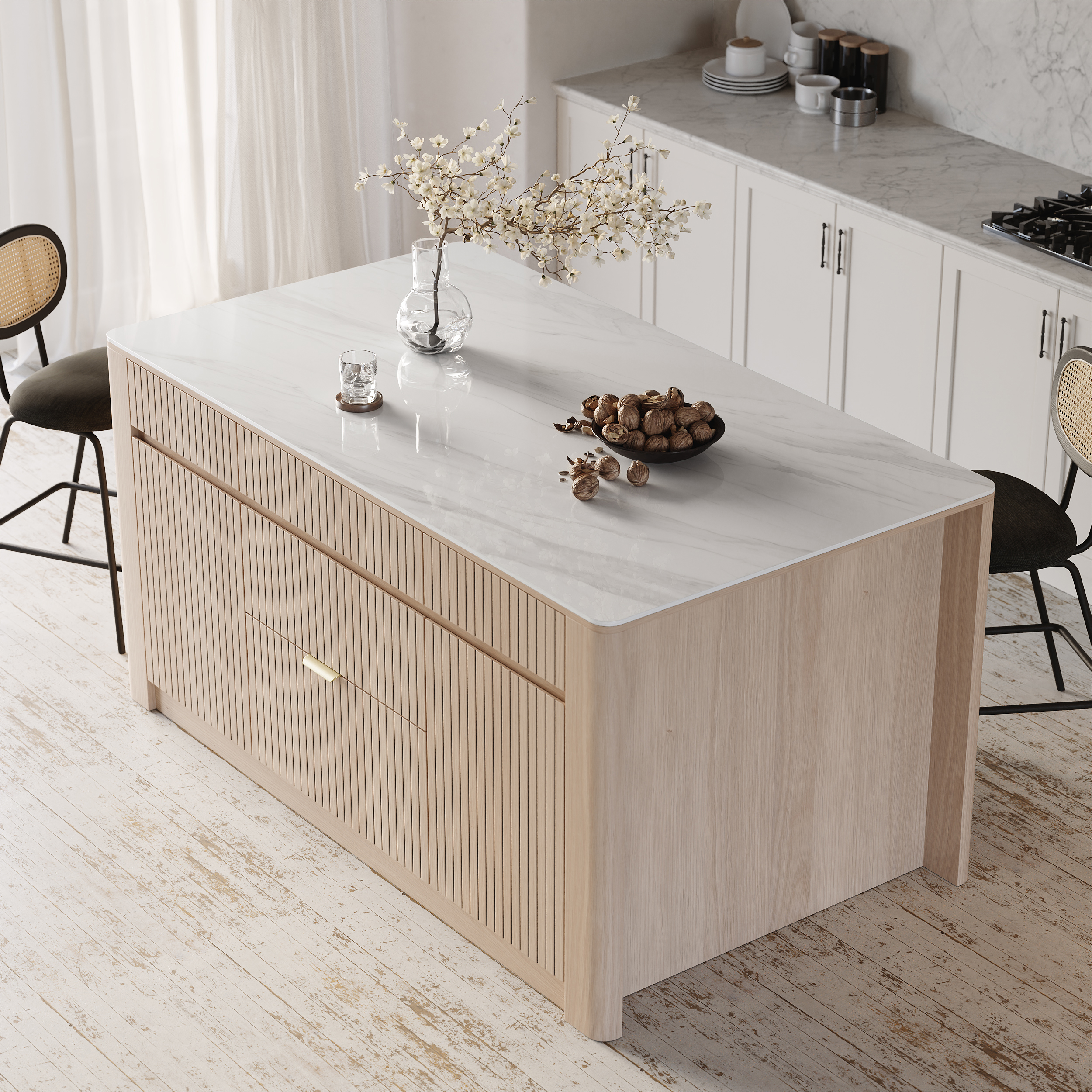 72" Kitchen Island Sintered Stone Top with Storage NaturalModern