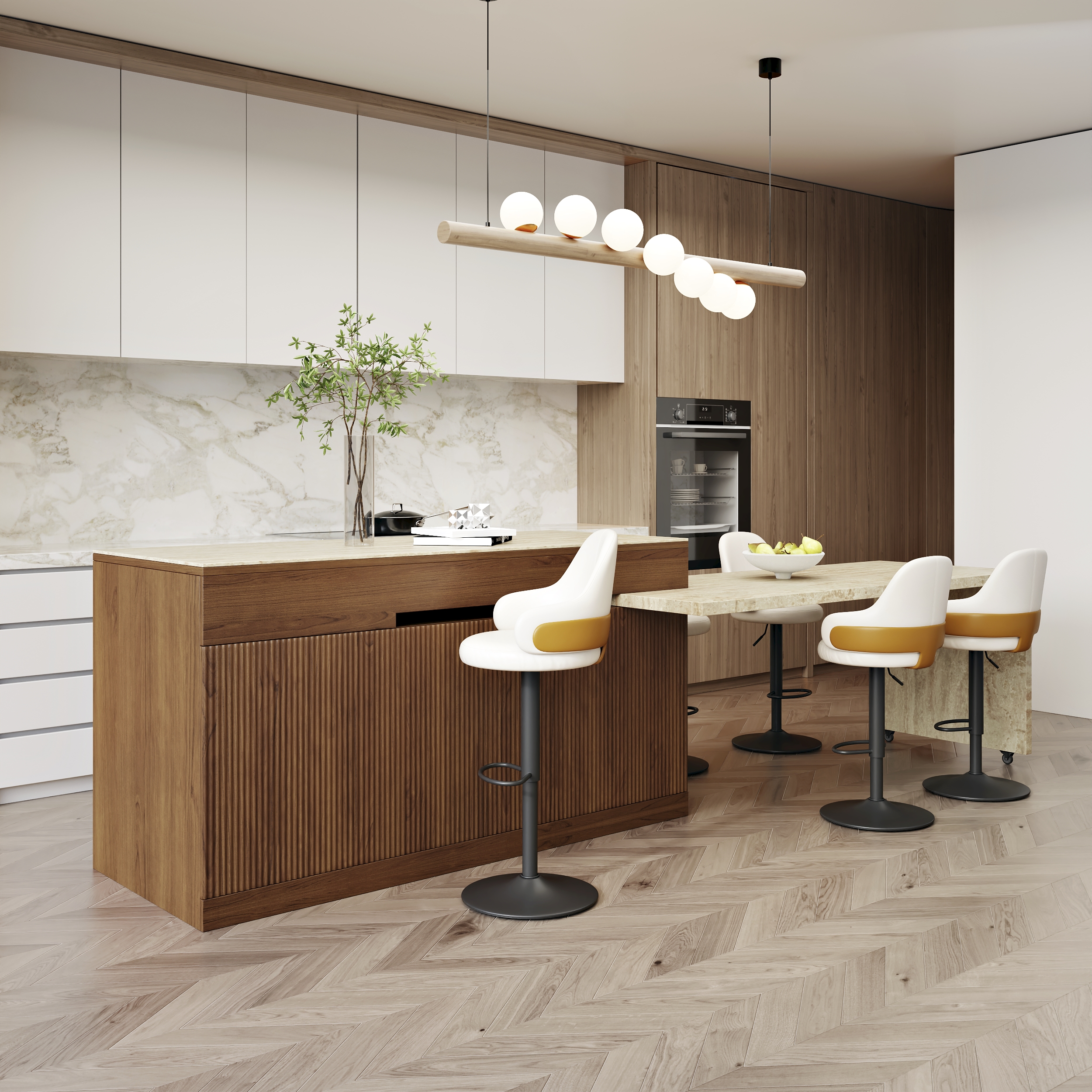 81''-106" Extendable Kitchen lsland Marble Pattern Top with Doors & Drawers Walnut Modern