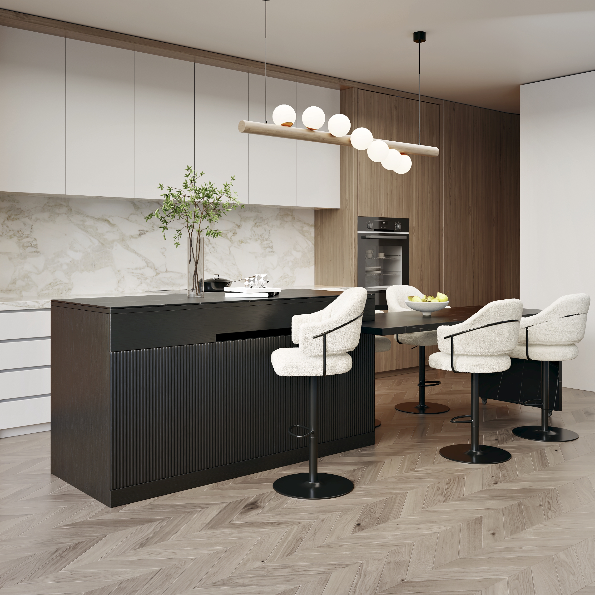 81''-106" Extendable Kitchen lsland Marble Pattern Top with Doors & Drawers Black Modern