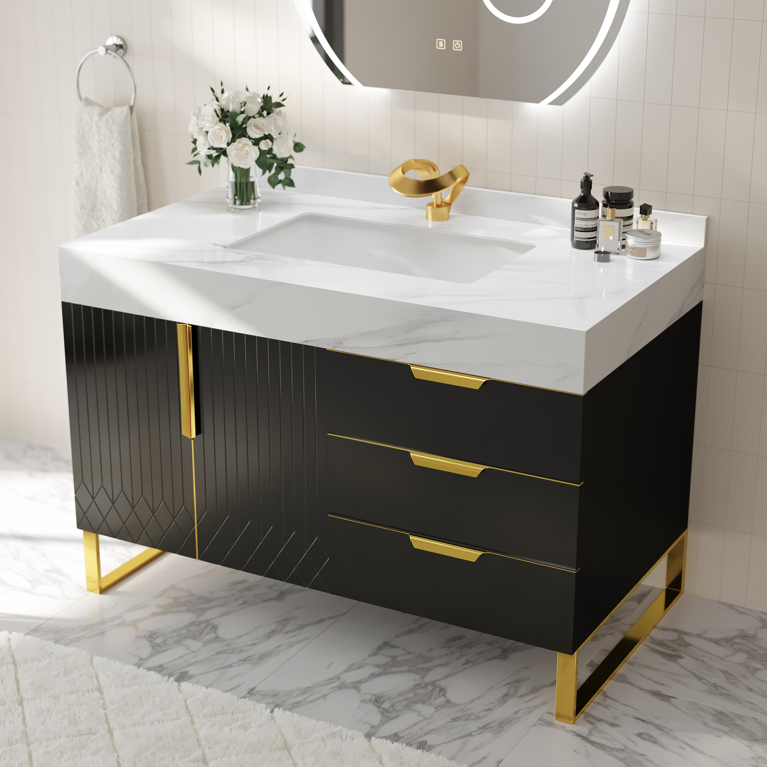 Cajones Aro de cerámica independientes negros de 900 mm para lavabo y tocador de baño, superficie de mármol sintético