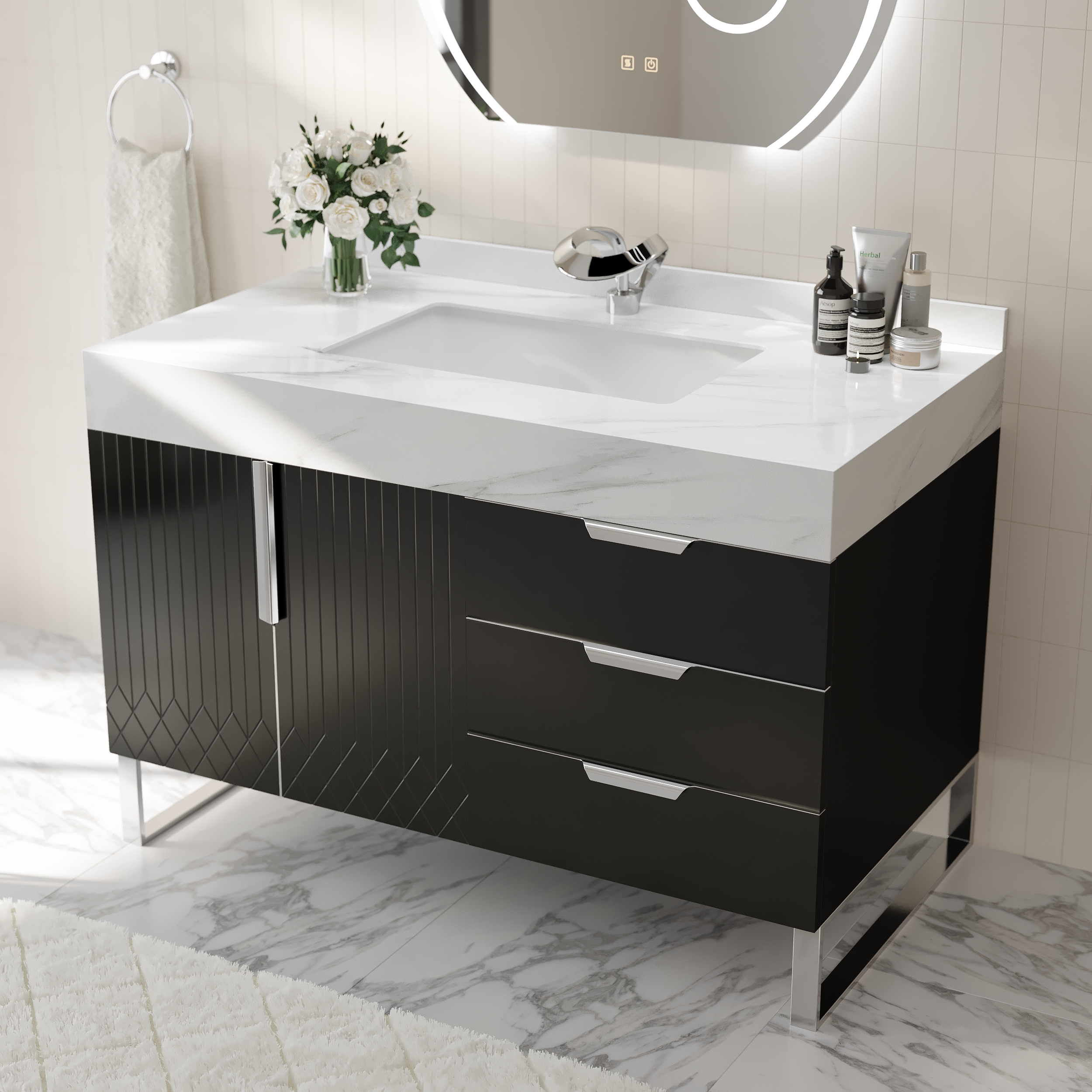 Aro 35" Black Freestanding Single Sink Bathroom Vanity Drawers Doors Faux Marble Top