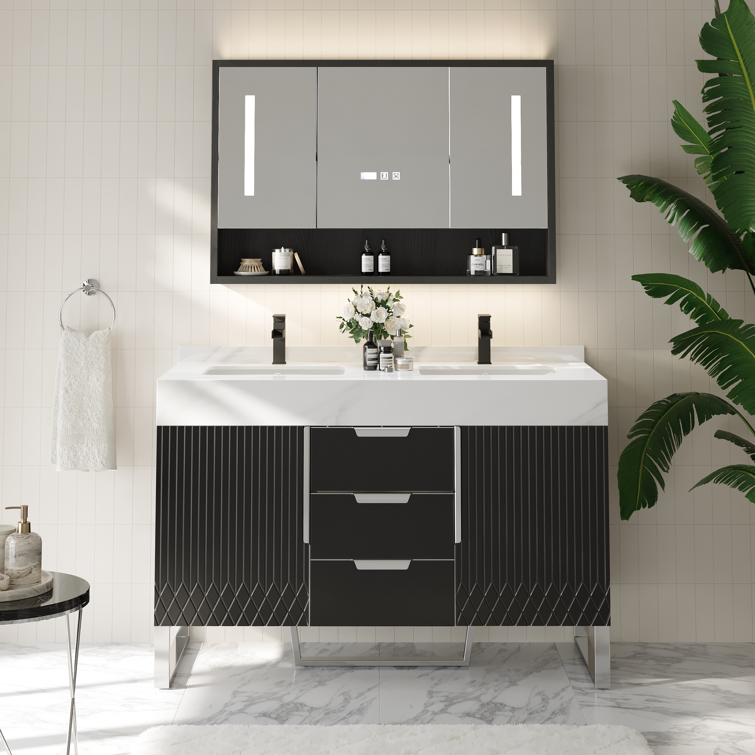 Set de tocador de baño Aro, 1200 mm, independiente, negro con doble lavabo