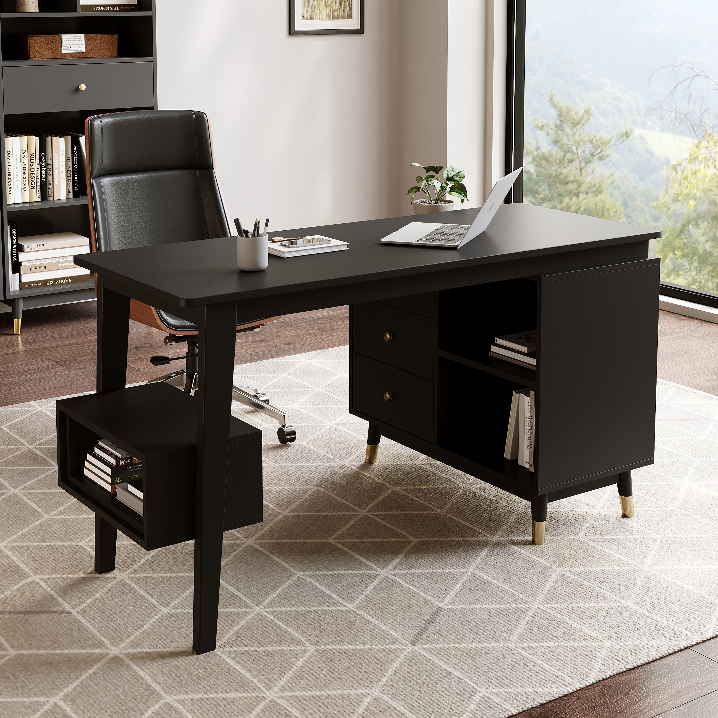 Ultic Black L Shaped Home Office Desk Desk with Storage Drawers & Shelf Computer Desk