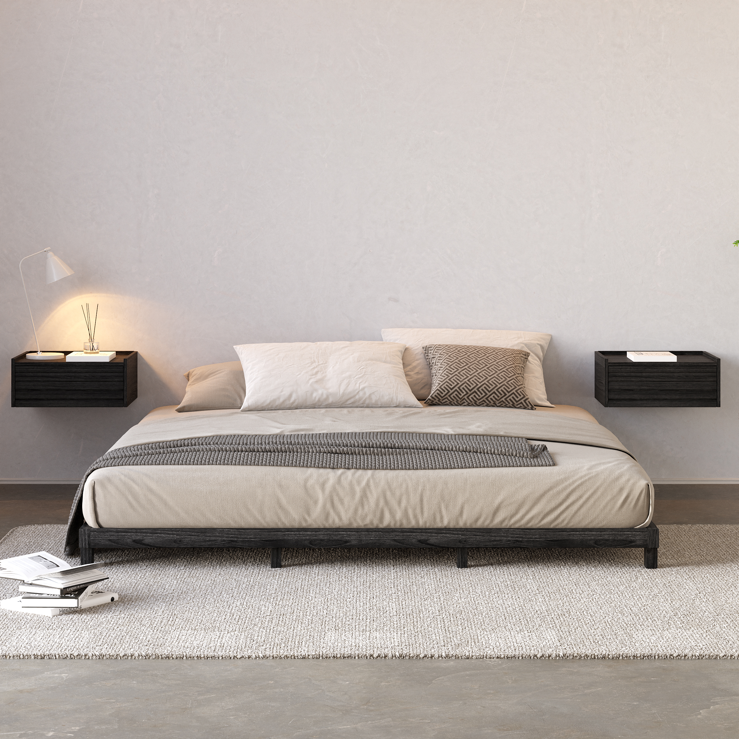 Wooden Floating Nightstand Modern Bedside Table with Charging Station Japanese Style Queen Low Bed Frame Wooden Floor Bed in Black