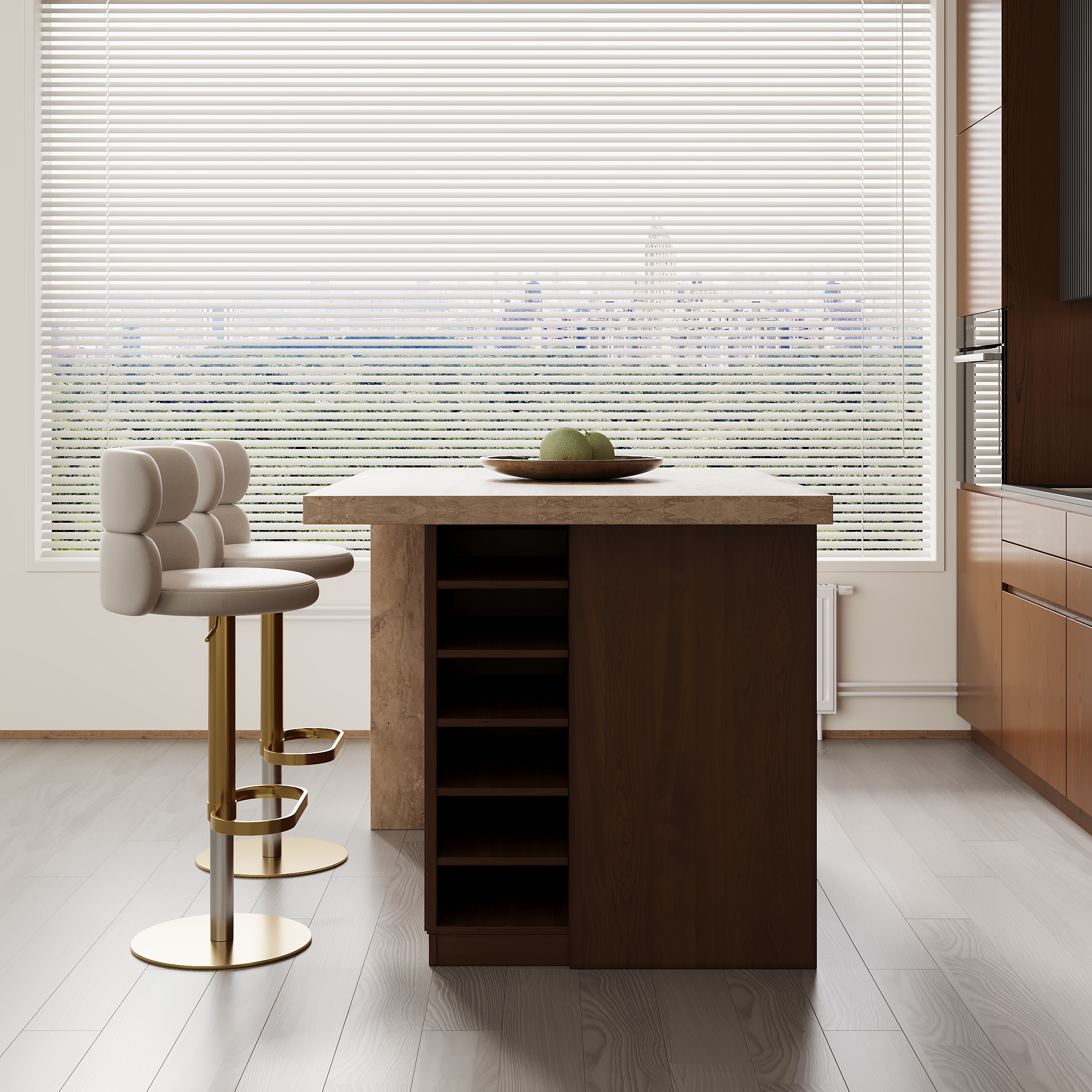 50" Modern Kitchen Island Walnut Laminate & 2 Counter Stools Set Storage Cabinet