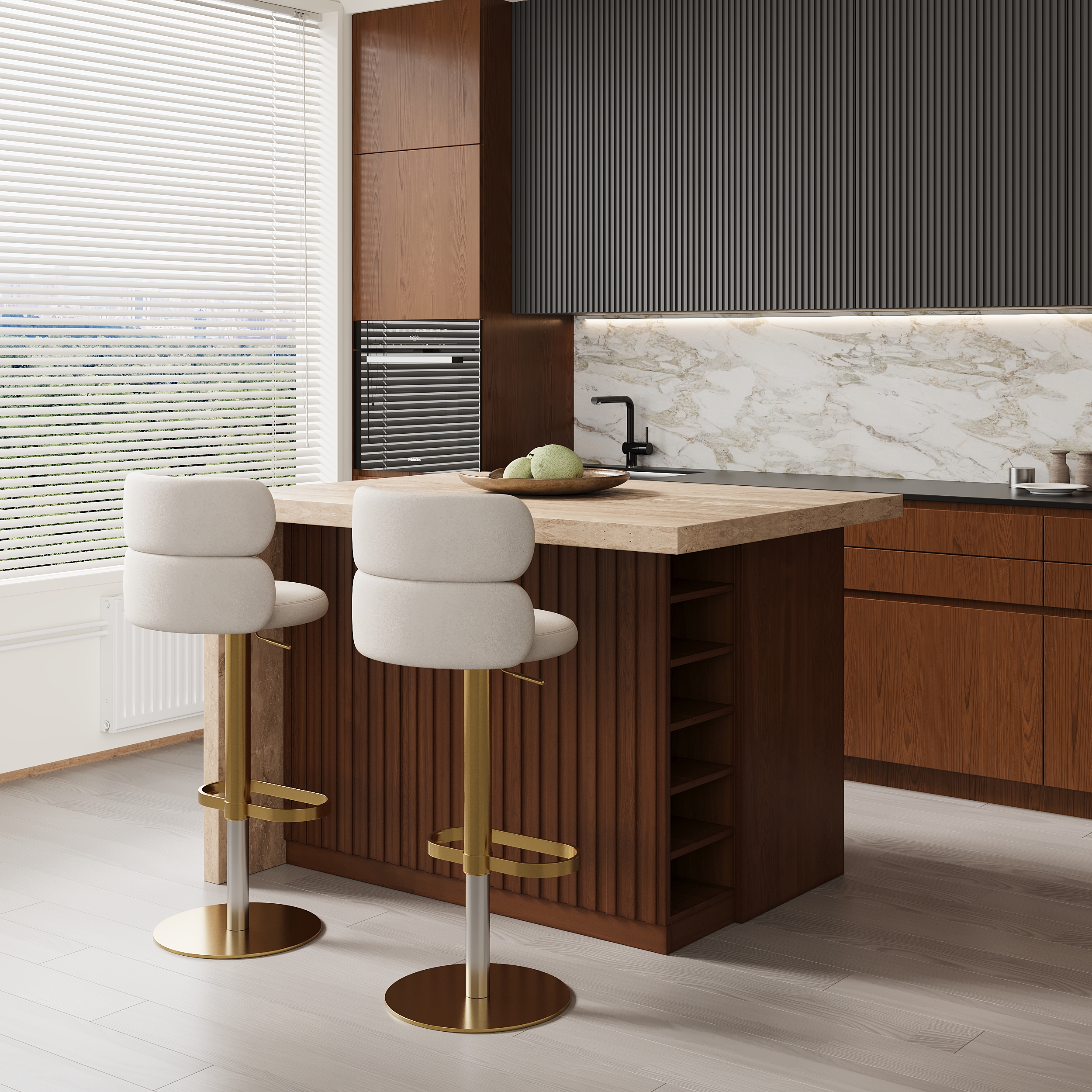 50" Modern Kitchen Island Walnut Laminate & 2 Counter Stools Set Storage Cabinet