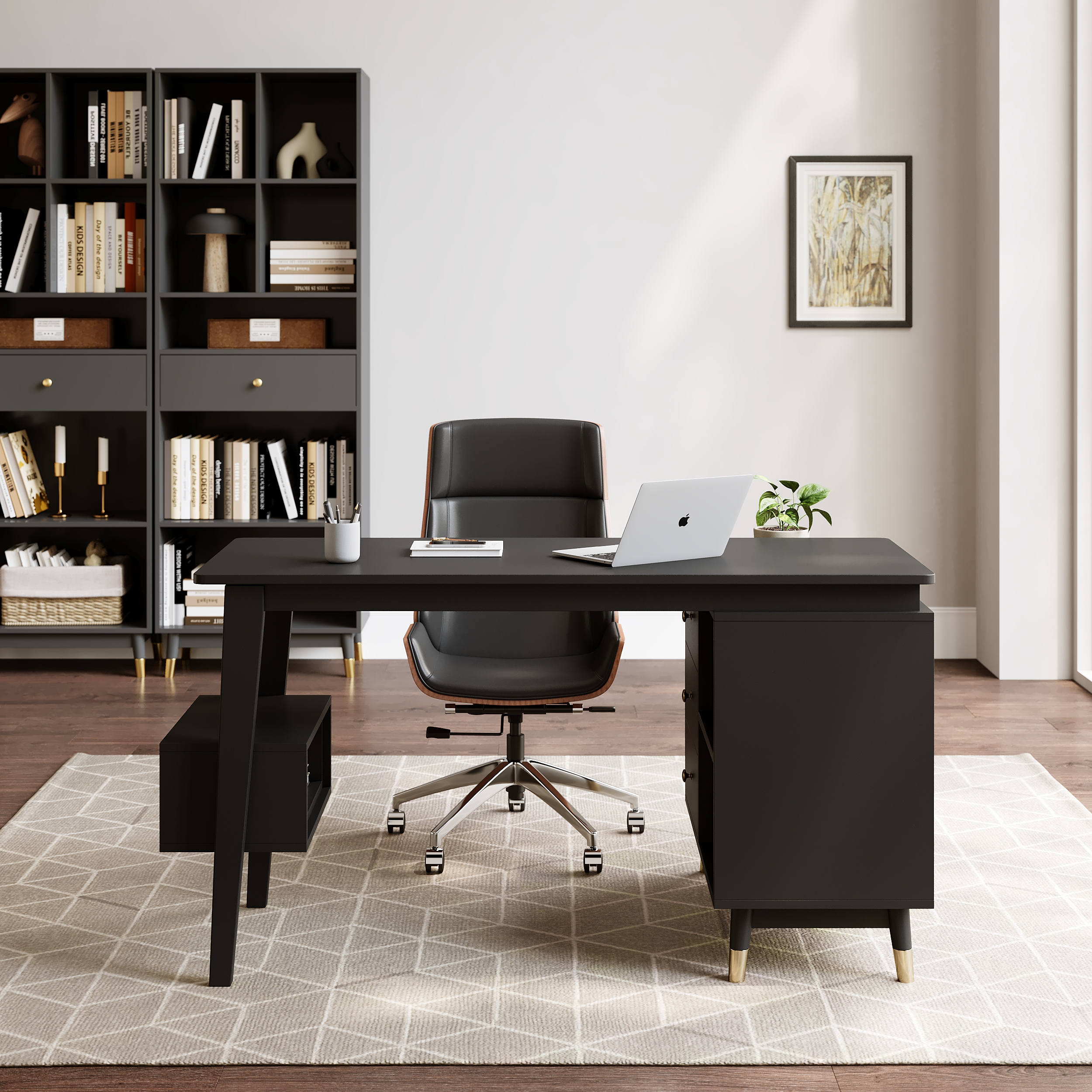 Ultic Black L Shaped Home Office Desk Desk with Storage Drawers & Shelf Computer Desk
