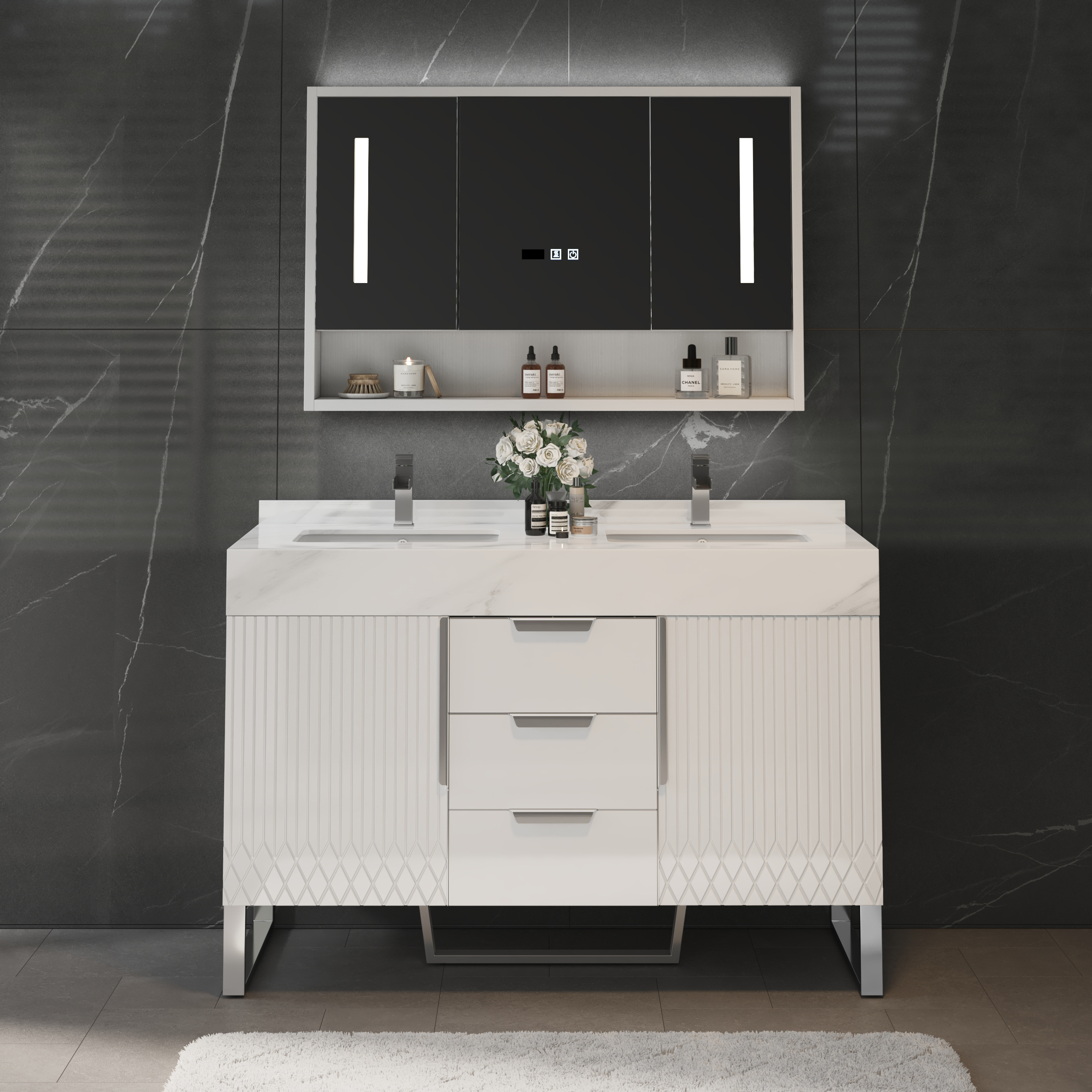 Vanité de salle de bain autoportante de 1200 mm avec dessus en marbre de culture avec double vasque, tiroirs et portes, blanc-image-online-fr-fr-53288