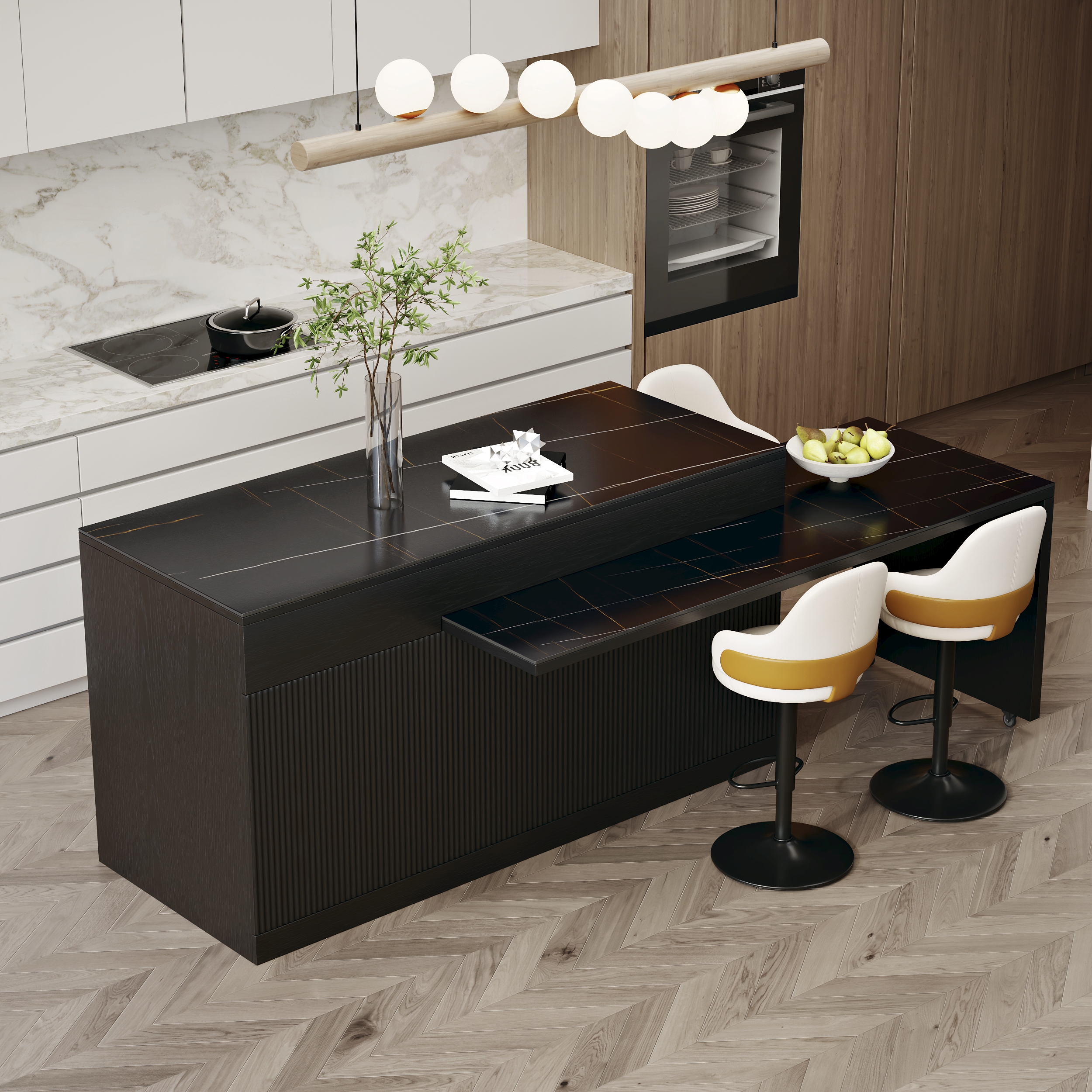 81''-106" Extendable Kitchen lsland Faux Marble Top with Doors & Drawers Black Modern