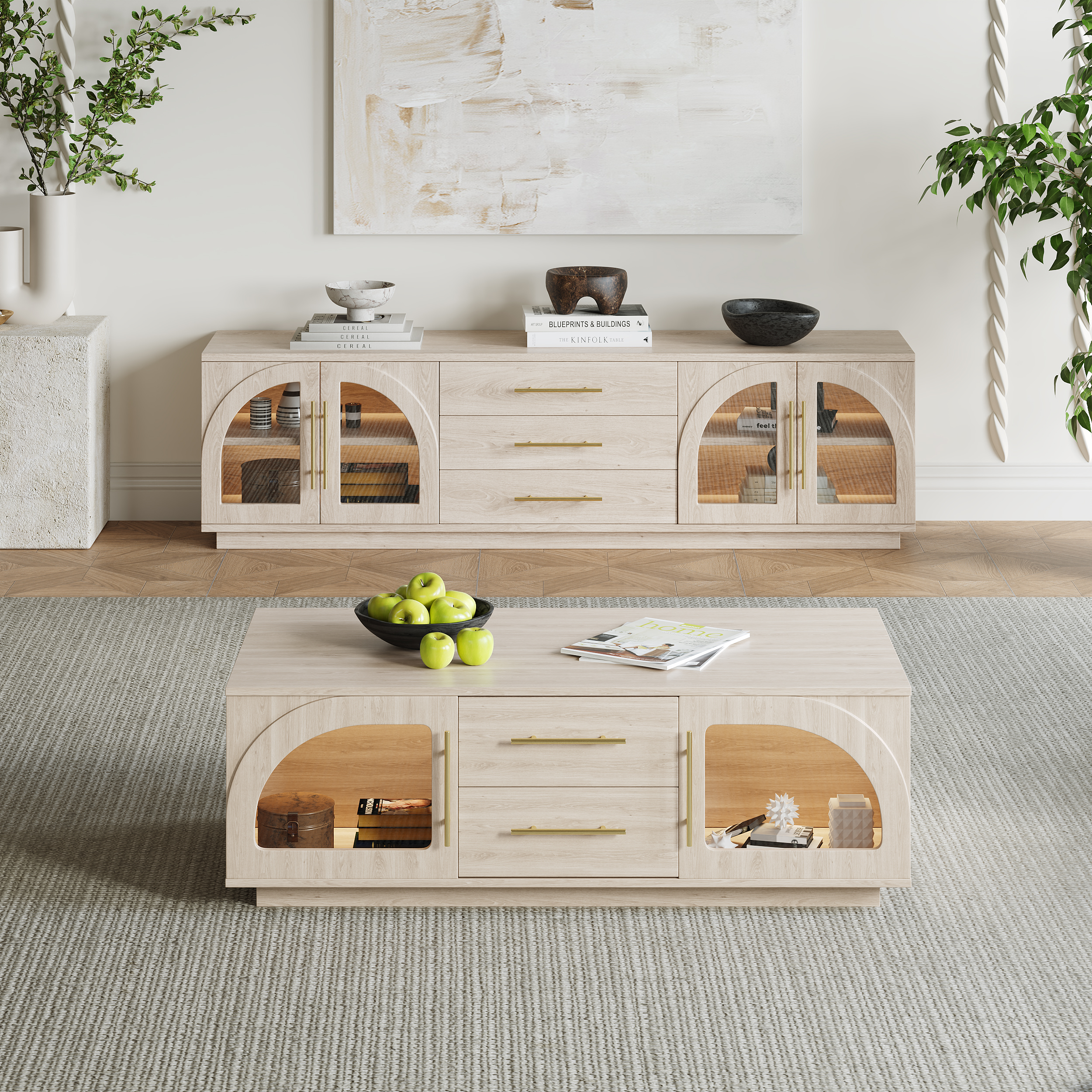 Juego de mesa de centro Arune Japandi Whitewash para TV con luces LED y puertas de armario de vidrio arqueado