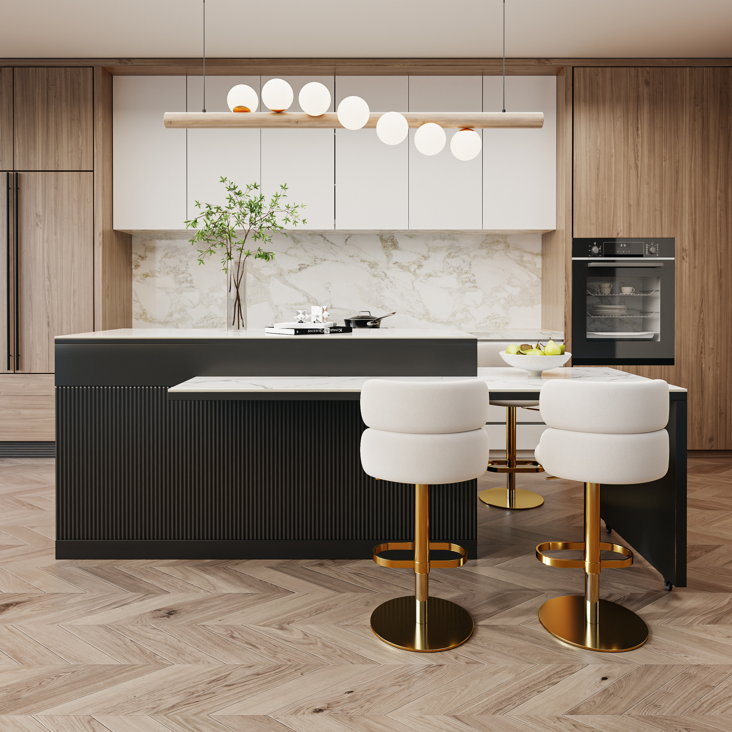 81''-106" Extendable Kitchen lsland Faux Marble Top with Doors & Drawers Black & White