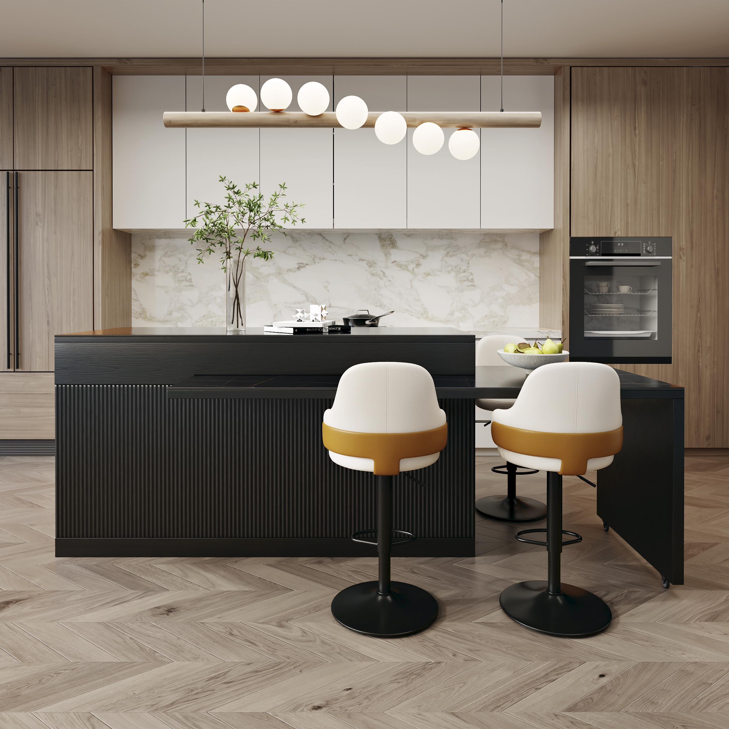 81''-106" Extendable Kitchen lsland Faux Marble Top with Doors & Drawers Black Modern