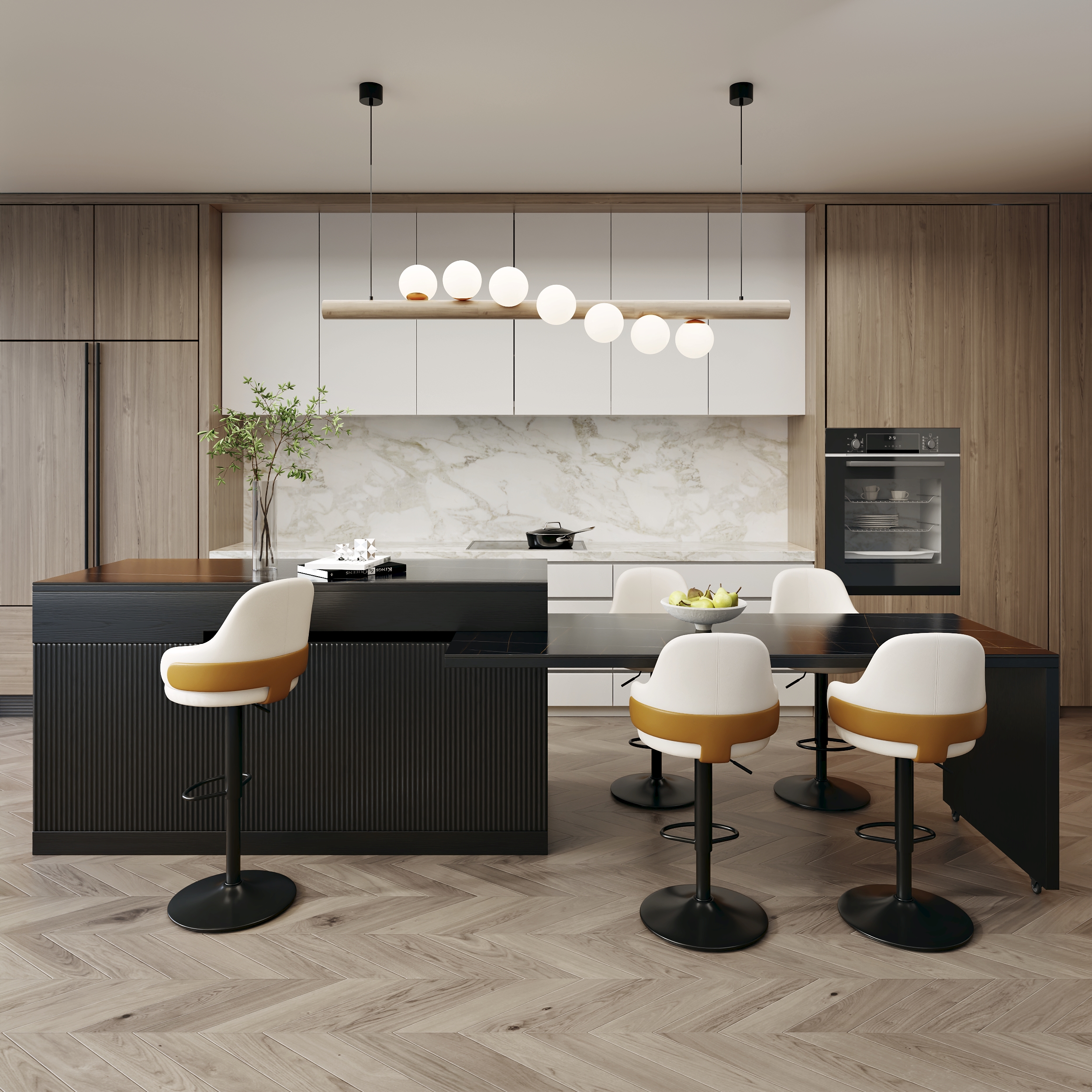 81''-106" Extendable Kitchen lsland Faux Marble Top with Doors & Drawers Black Modern