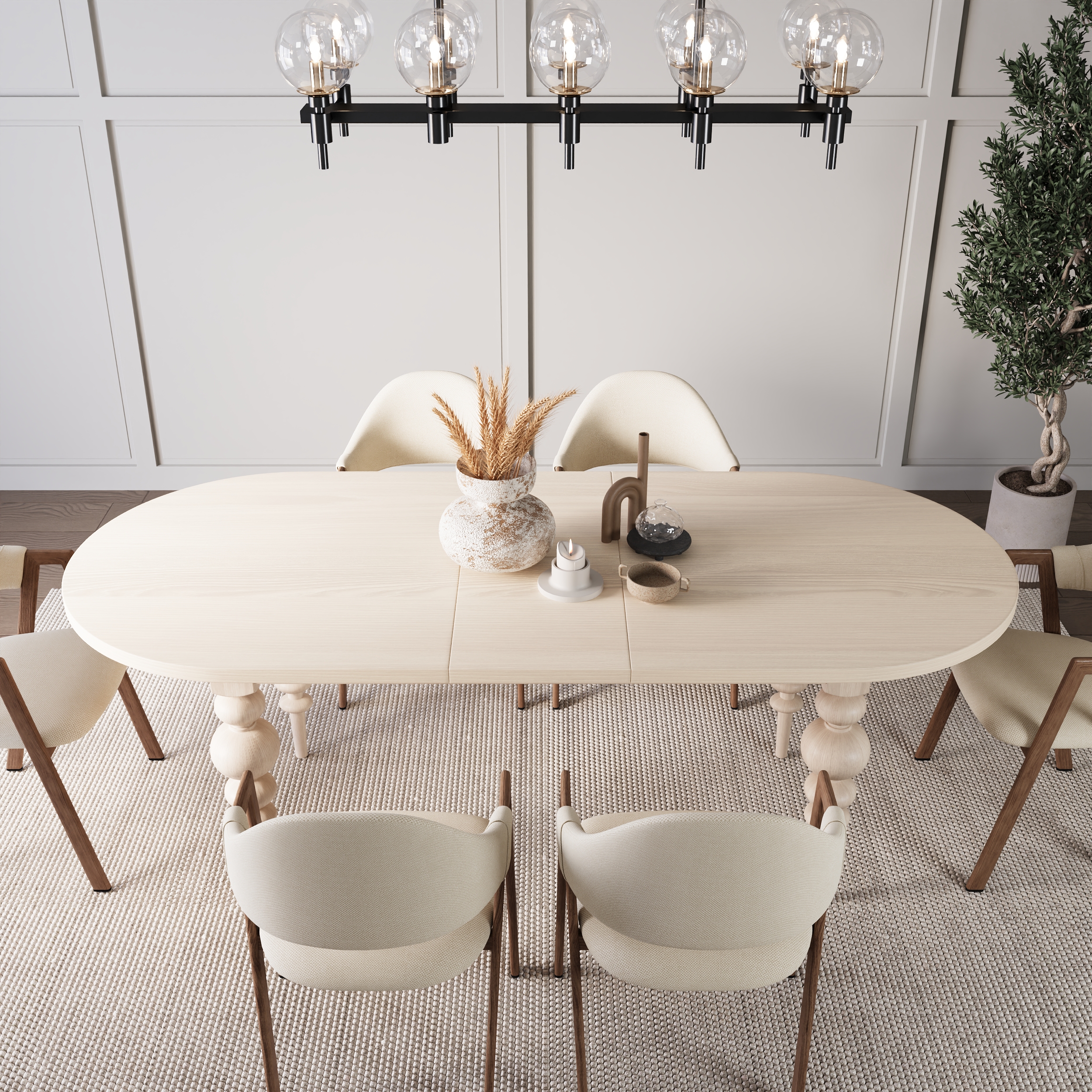 67"-79" Mid-Century Dining Table Oval Extendable Whitewash Table for 4-8 Person with Turned