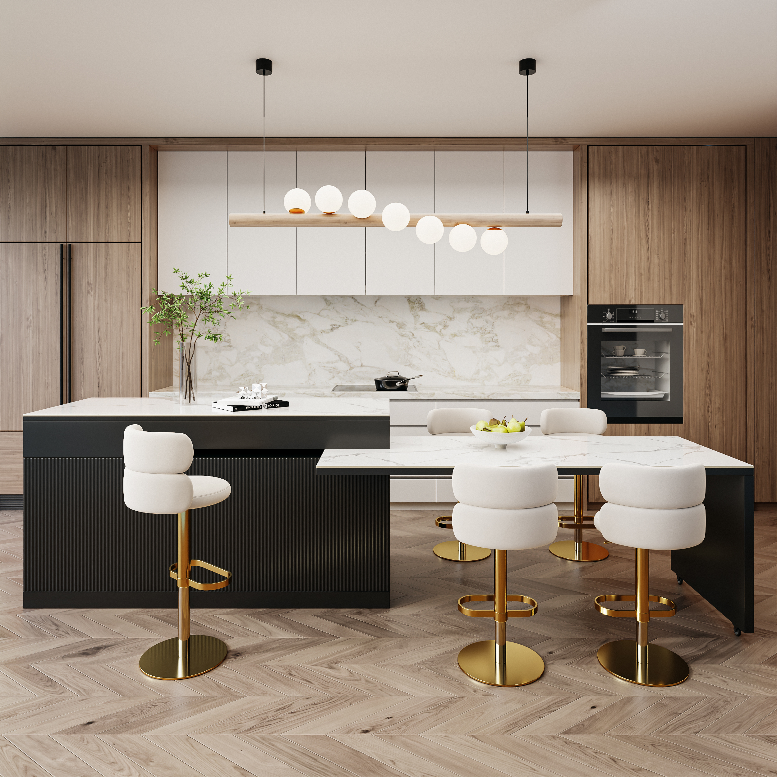 81''-106" Extendable Kitchen lsland Faux Marble Top with Doors & Drawers Black & White